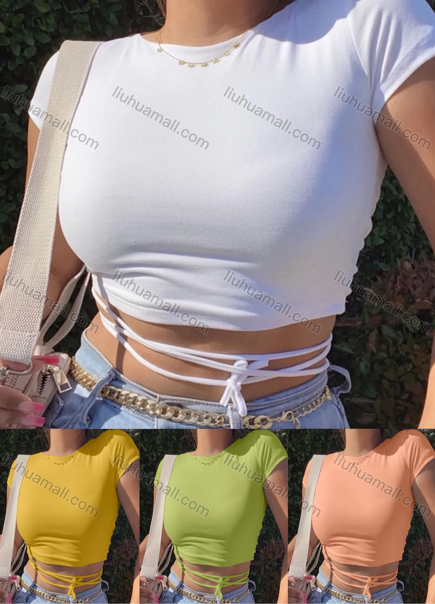 Wholesale Women's Fashion Sexy Round Neck Short Sleeve Tie Backless Plain Crop Top - Liuhuamall