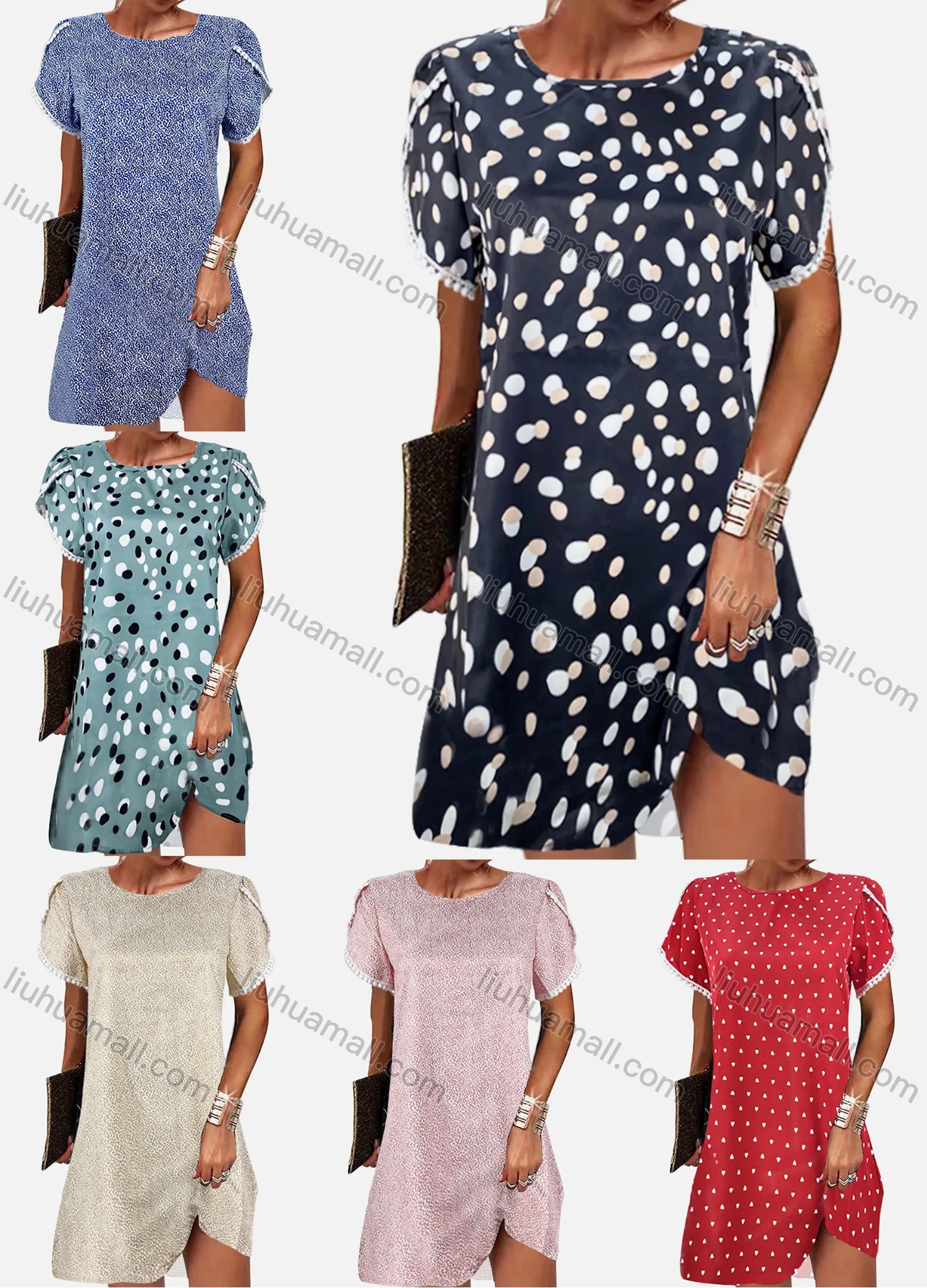 Wholesale Women's Causal Round Neck Short Sleeve Allover Print Dress - Liuhuamall