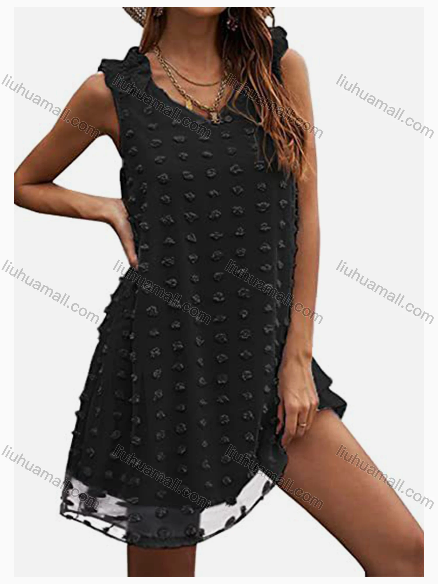 Wholesale Women's Casual V Neck Sleeveless Swiss Dot Short Tank Dress - Liuhuamall