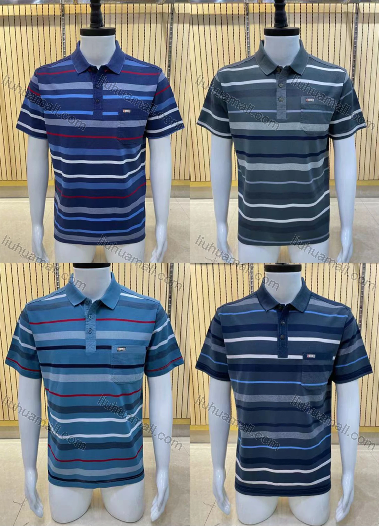 Wholesale Men's Casual Short Sleeve Striped Button Front Polo Shirts - Liuhuamall