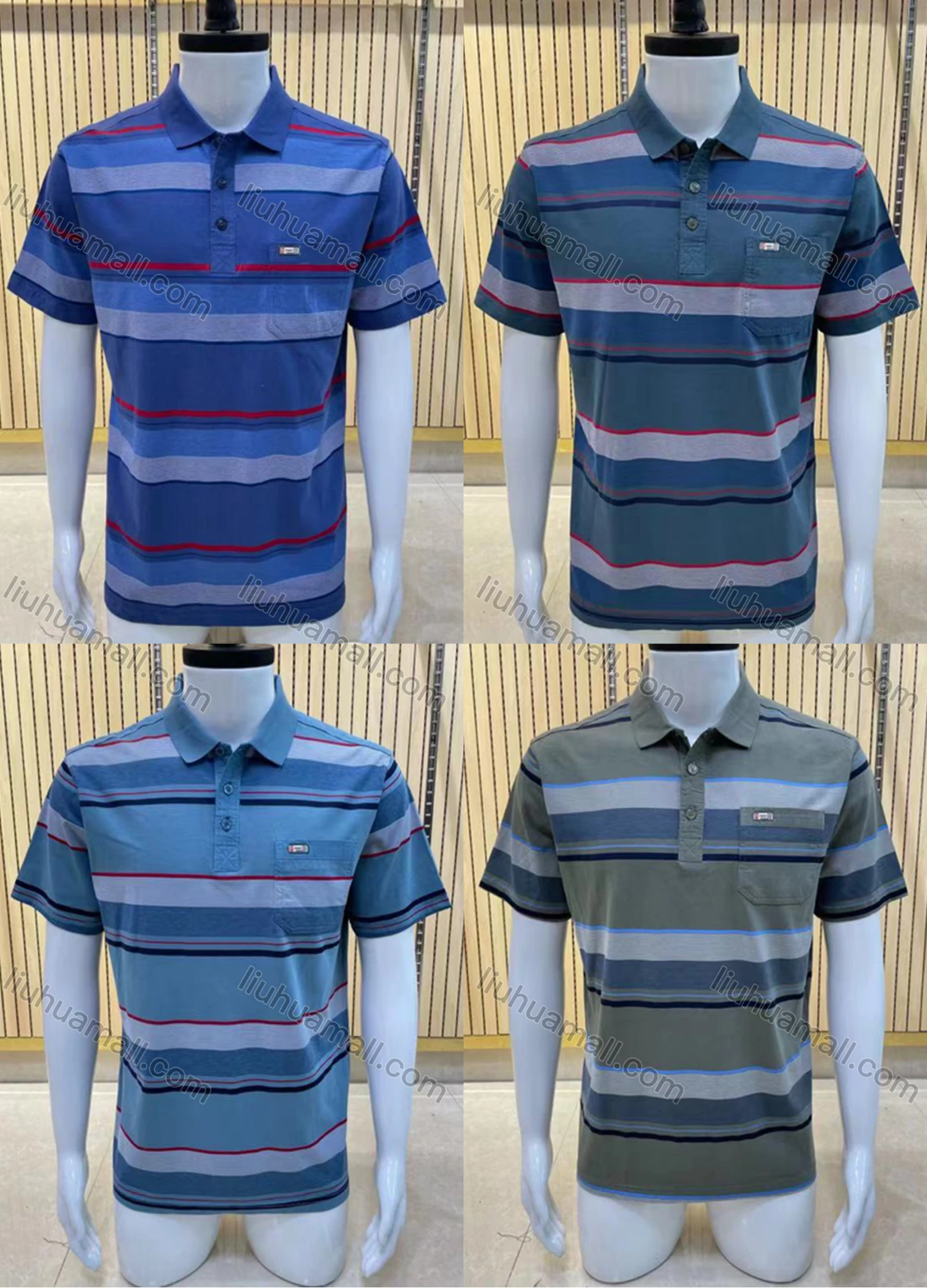 Wholesale Men's Casual Short Sleeve Striped Button Front Polo Shirts - Liuhuamall