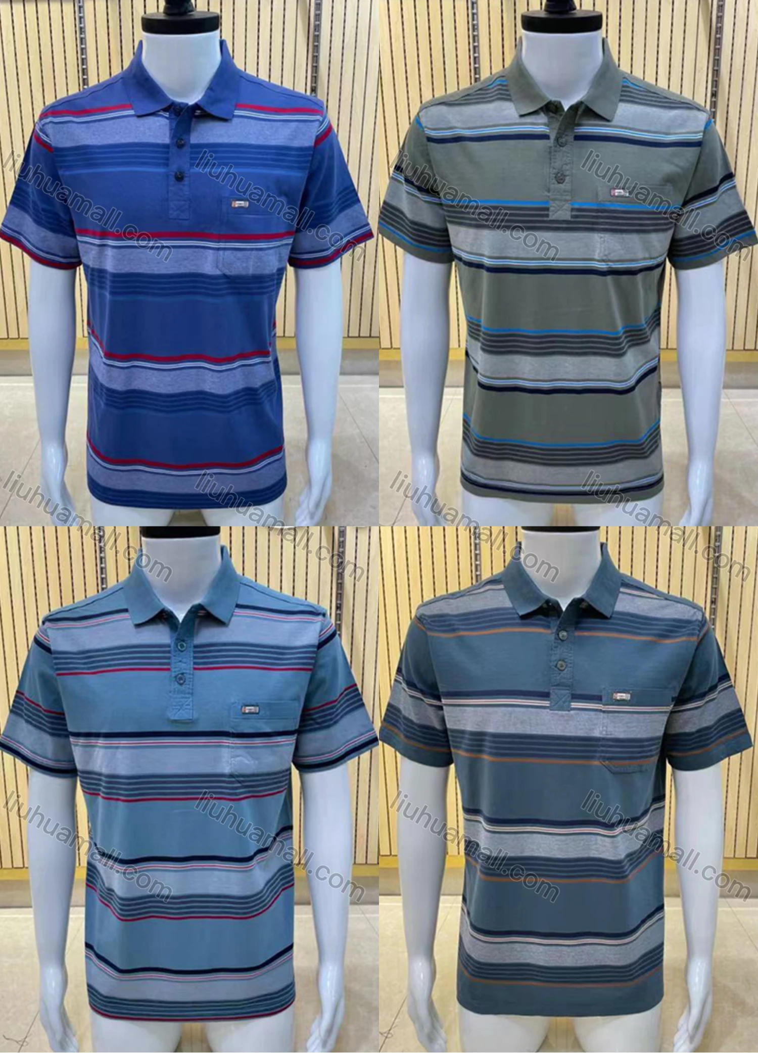 Wholesale Men's Casual Short Sleeve Striped Button Front Polo Shirts - Liuhuamall
