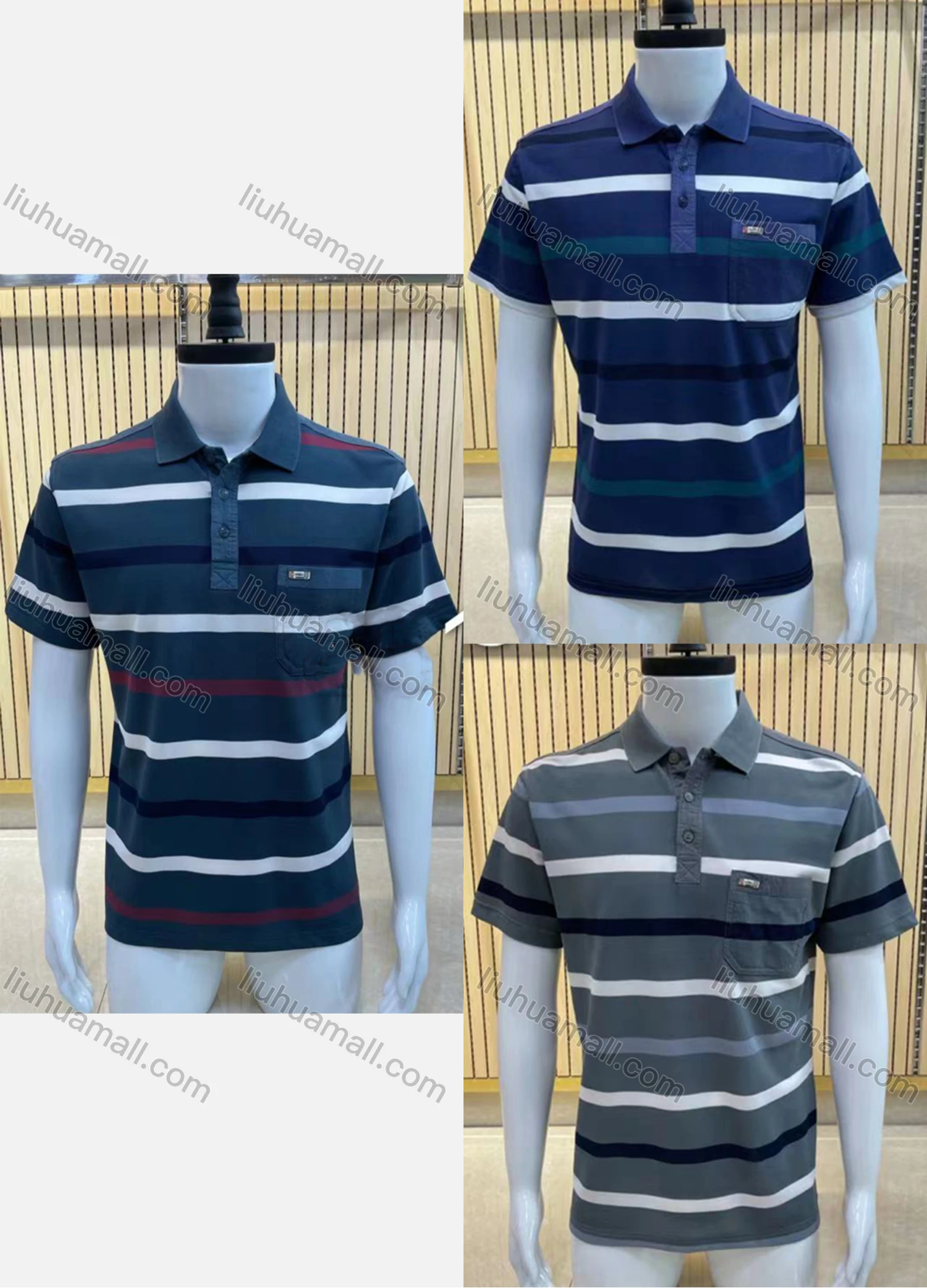 Wholesale Men's Casual Short Sleeve Striped Button Front Polo Shirts - Liuhuamall