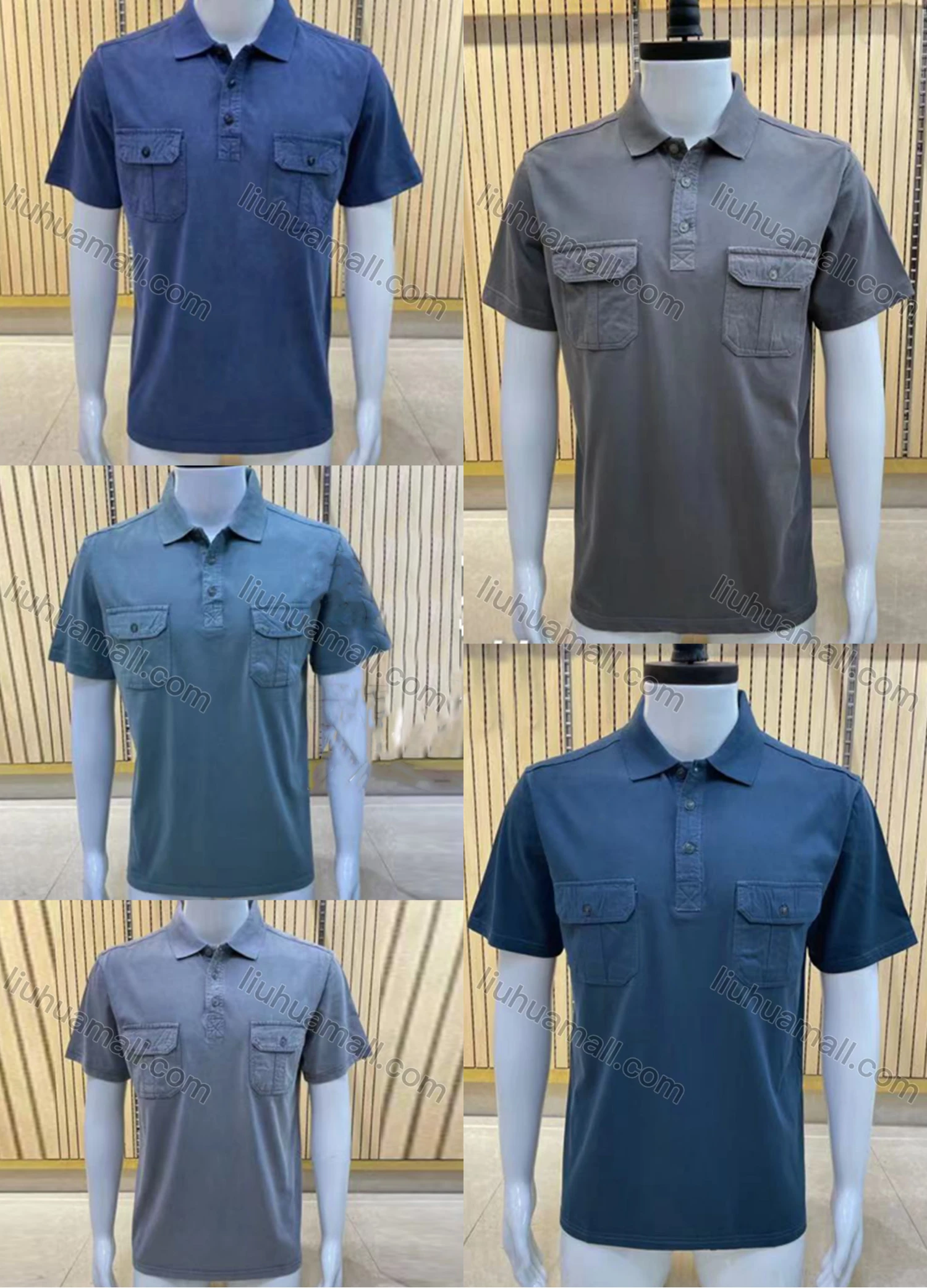 Wholesale Men's Casual Short Sleeve Double Flap Pockets Button Front Polo Shirts - Liuhuamall
