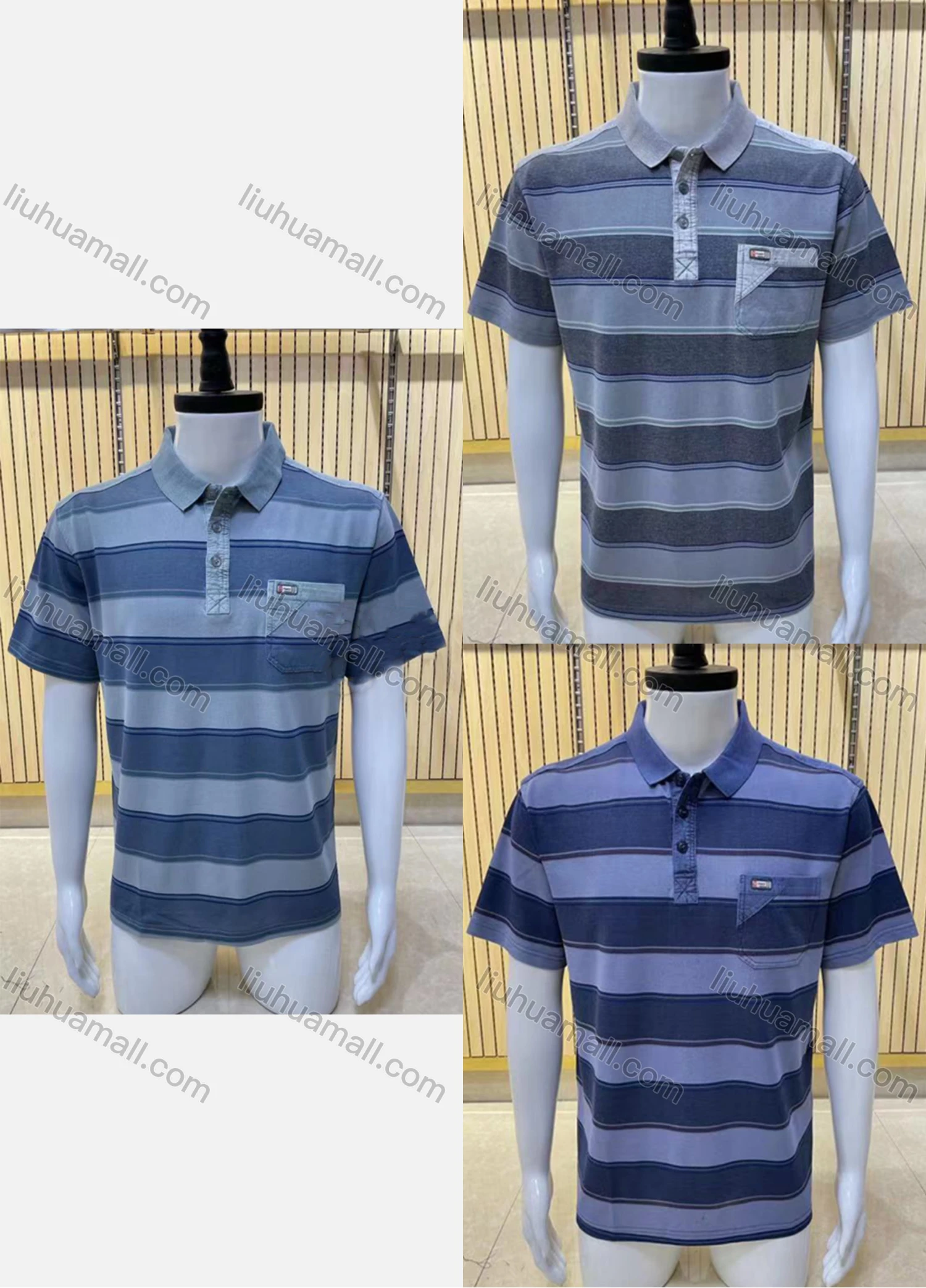 Wholesale Men's Casual Short Sleeve Striped Button Front Polo Shirts - Liuhuamall