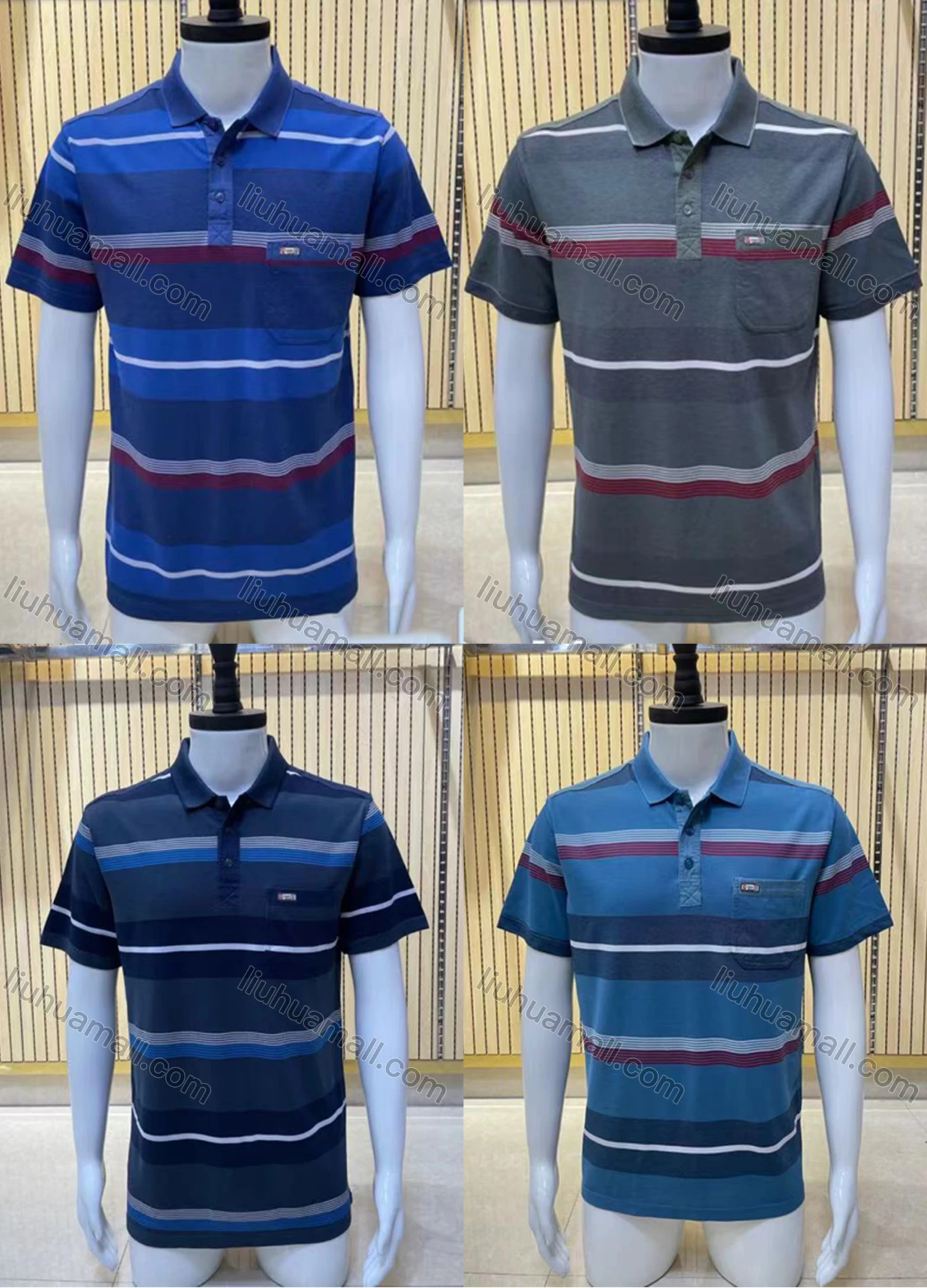 Wholesale Men's Casual Short Sleeve Striped Button Front Polo Shirts - Liuhuamall
