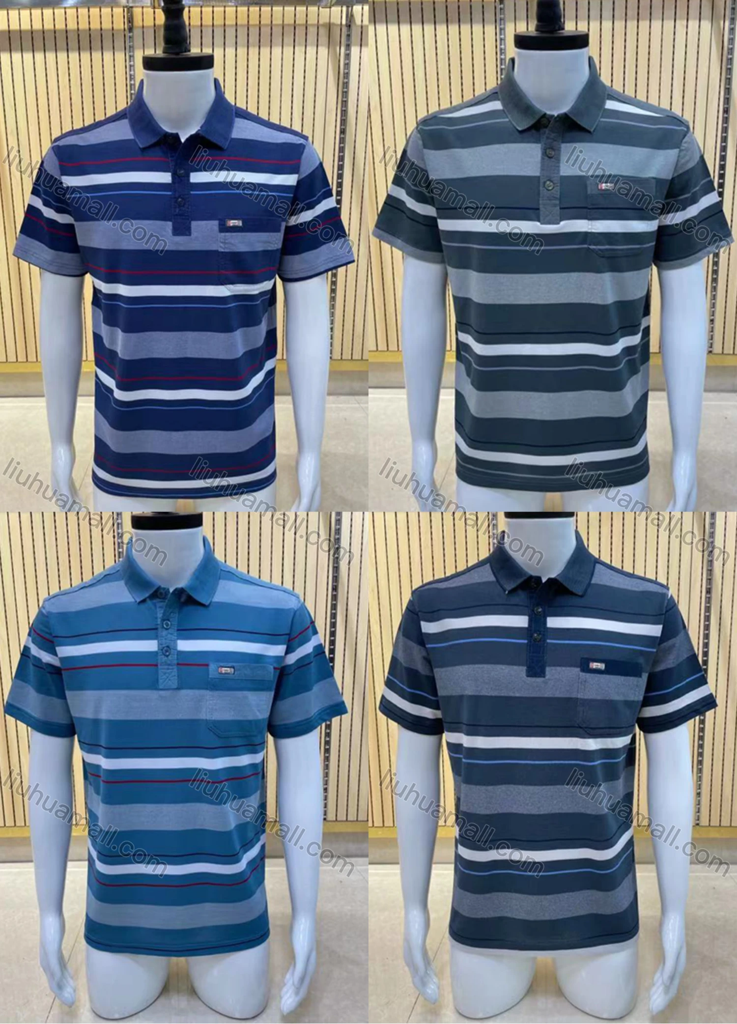 Wholesale Men's Casual Short Sleeve Striped Button Front Polo Shirts - Liuhuamall