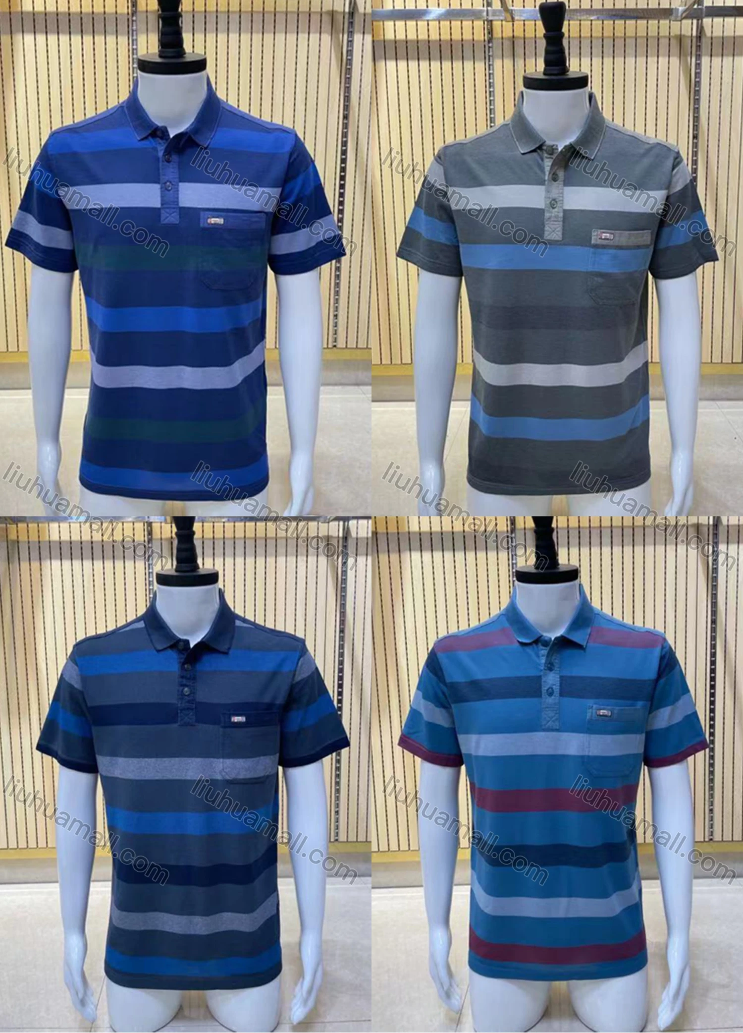 Wholesale Men's Casual Short Sleeve Striped Button Front Polo Shirts - Liuhuamall