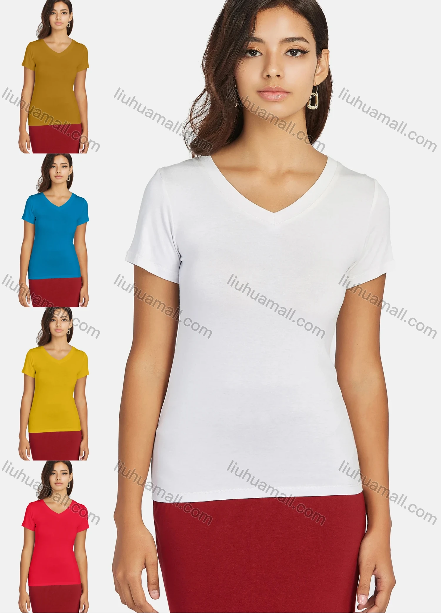 Wholesale Women's Plain V Neck Short Sleeve Slim Fit T-shirt - Liuhuamall