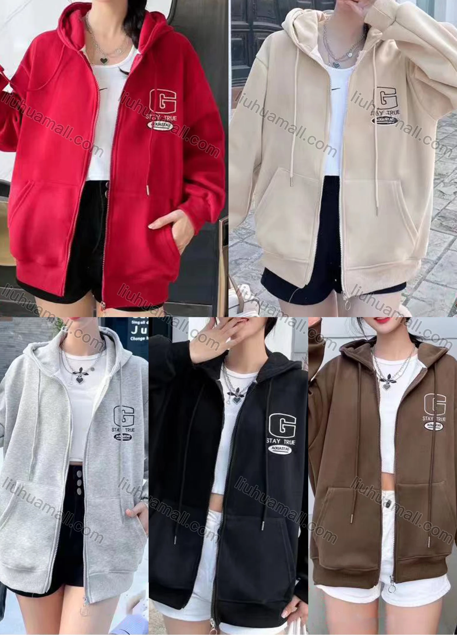 Wholesale Women's Casual Long Sleeve Embroidery Letter Drawstring Zipper Hooded Jackets - Liuhuamall