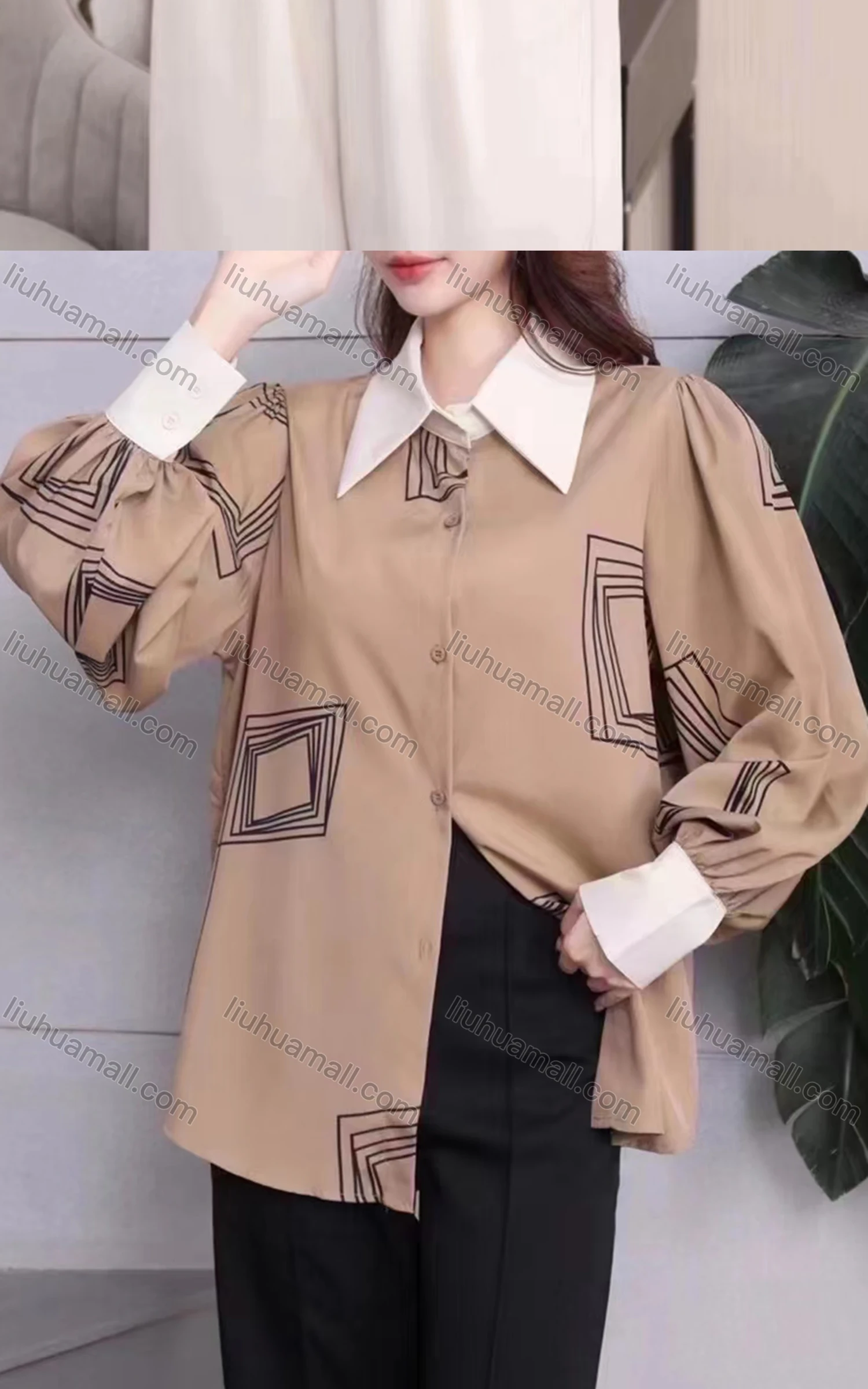 Wholesale Women's Casual Collared Blosue Puff Sleeve Abstract Print Shirt - Liuhuamall