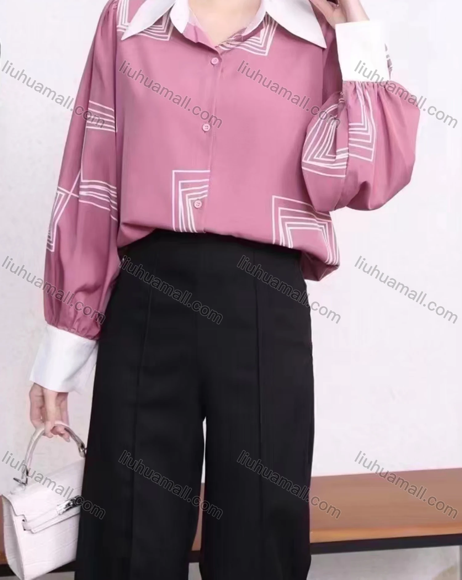 Wholesale Women's Casual Collared Blosue Puff Sleeve Abstract Print Shirt - Liuhuamall