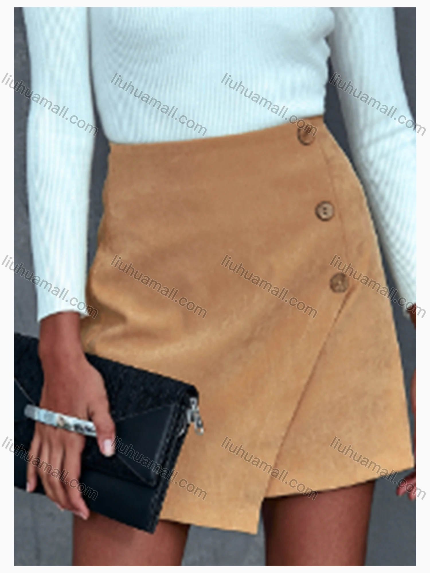 Wholesale Women's Casual Wrap Button Front Irregular Hem Plain Skirt - Liuhuamall