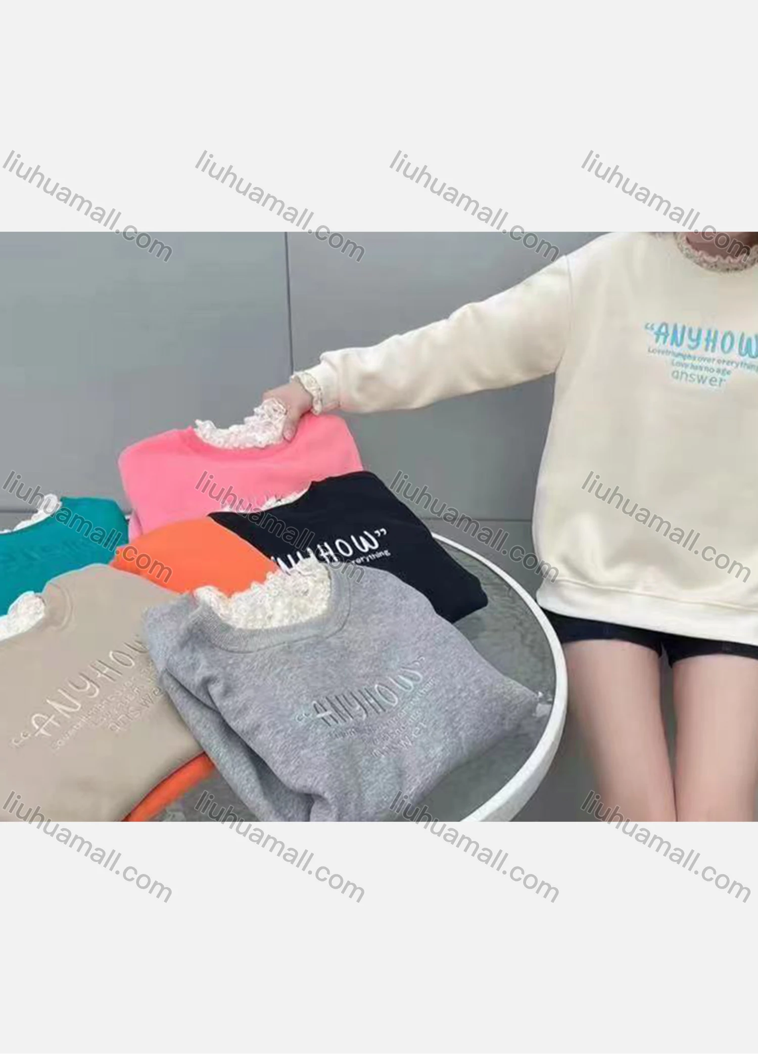 Wholesale Women's Fashion Long Sleeve Lace Trim Embroidery Letter Pullover Sweatshirts - Liuhuamall