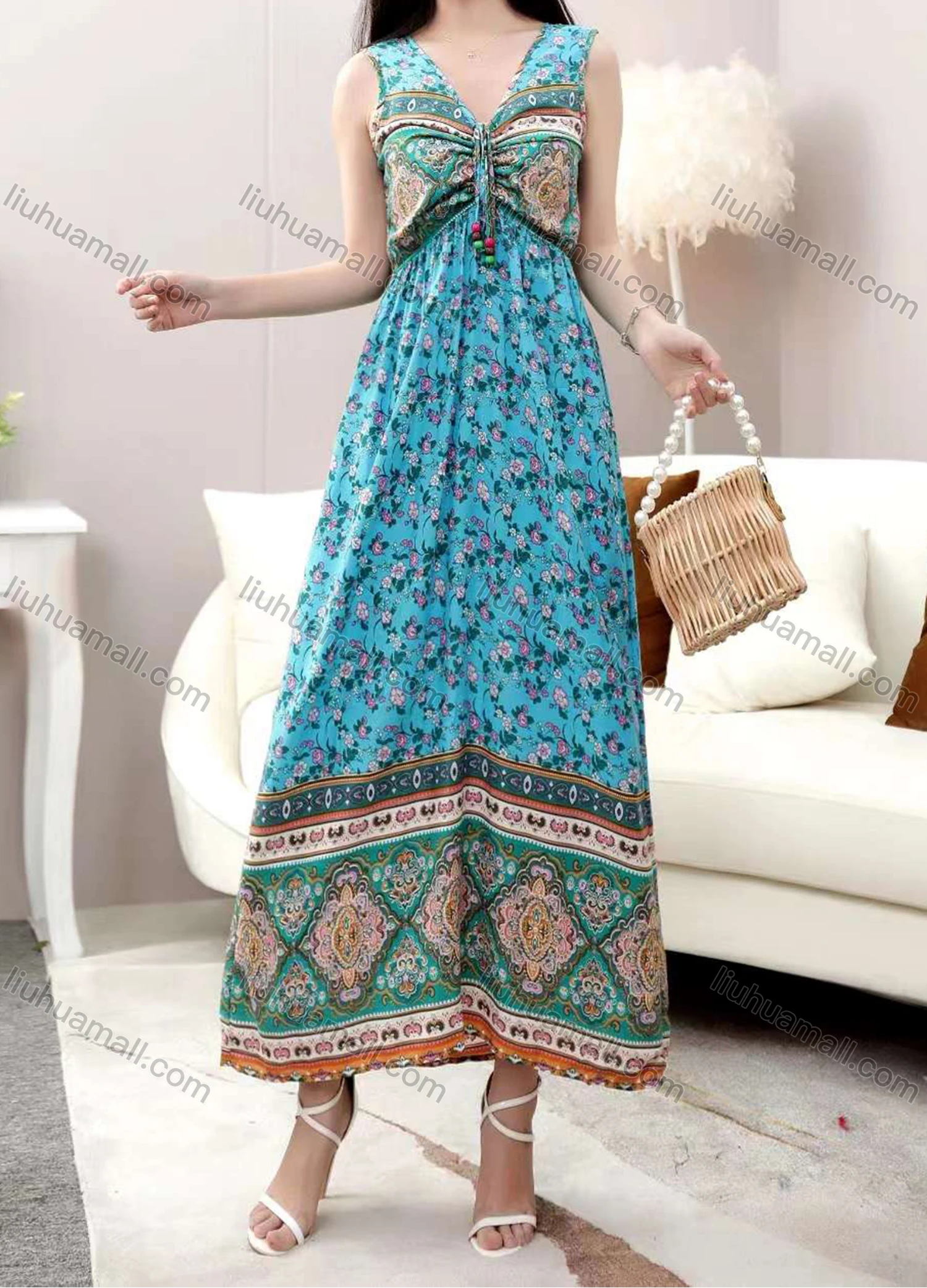 Wholesale Women's Boho V Neck Lace Up Floral Print Peplum Tank Dress - Liuhuamall