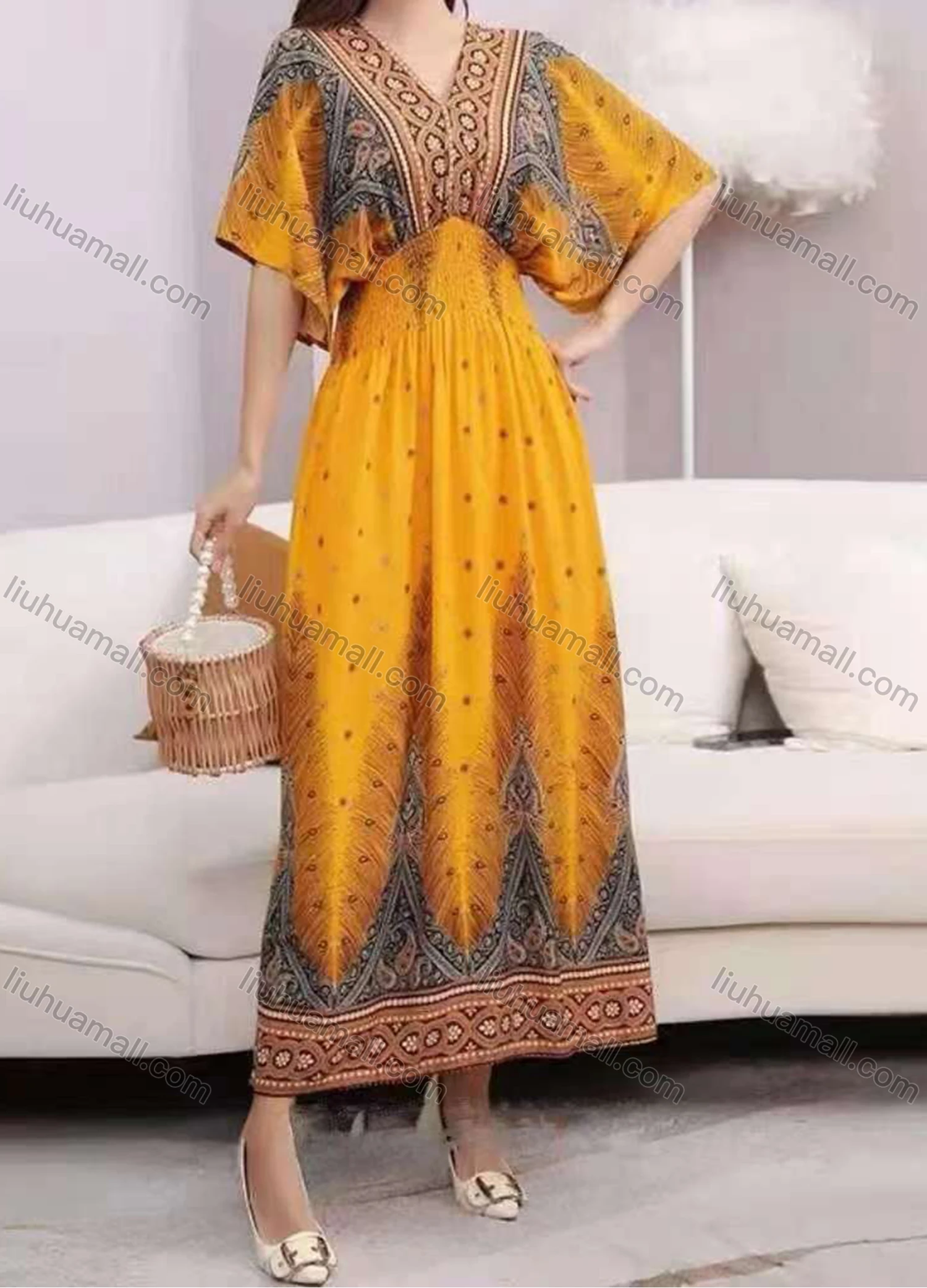 Wholesale Women's Boho V Neck Half Sleeve Polka Dot Peplum Dress - Liuhuamall