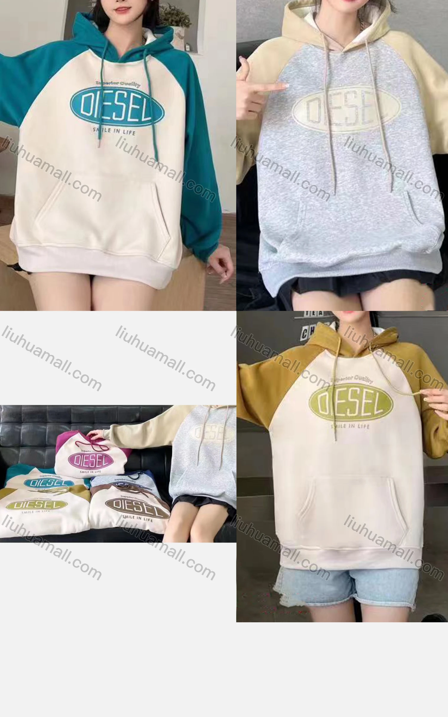 Wholesale Women's Casual Long Sleeve Letter Print Colorblock Drawstring Hooded Sweatshirts - Liuhuamall