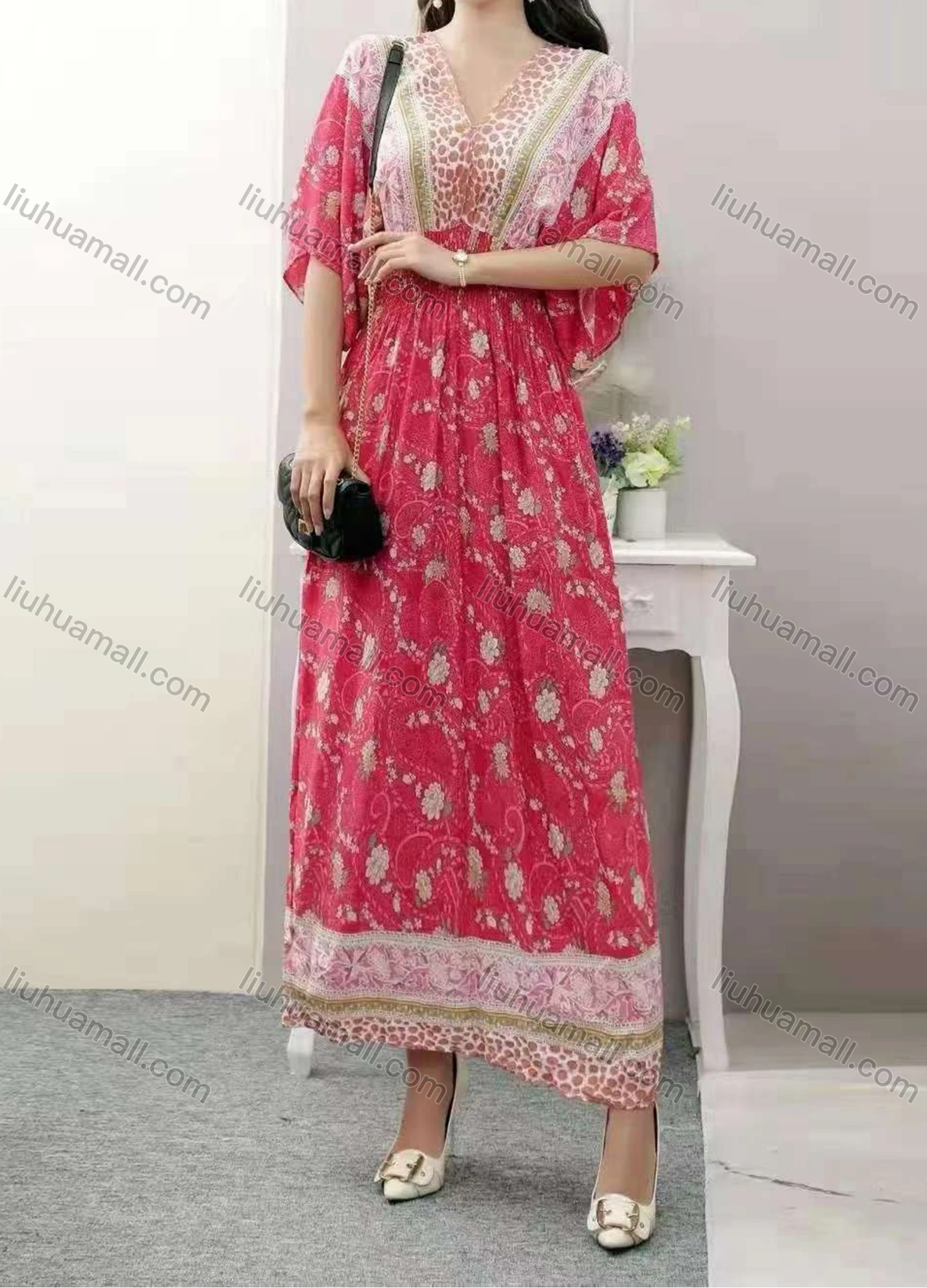 Wholesale Women's Boho V Neck Half Sleeve Floral Print Peplum Dress - Liuhuamall