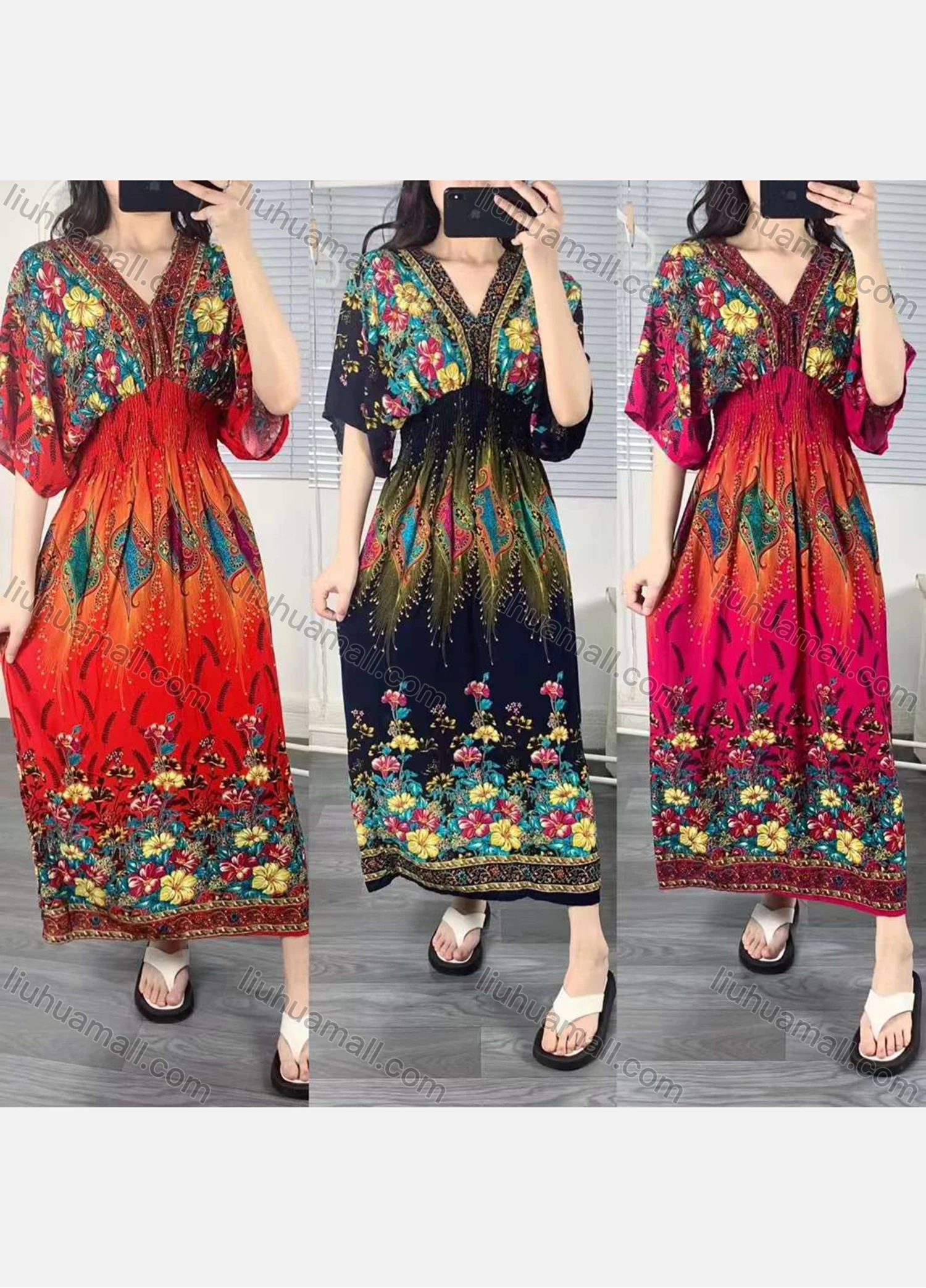 Wholesale Women's Boho V Neck Half Sleeve Floral Print Peplum Dress - Liuhuamall