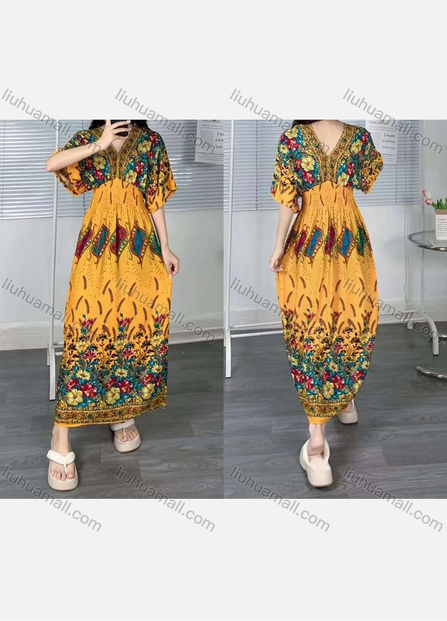 Wholesale Women's Boho V Neck Half Sleeve Floral Print Peplum Dress - Liuhuamall