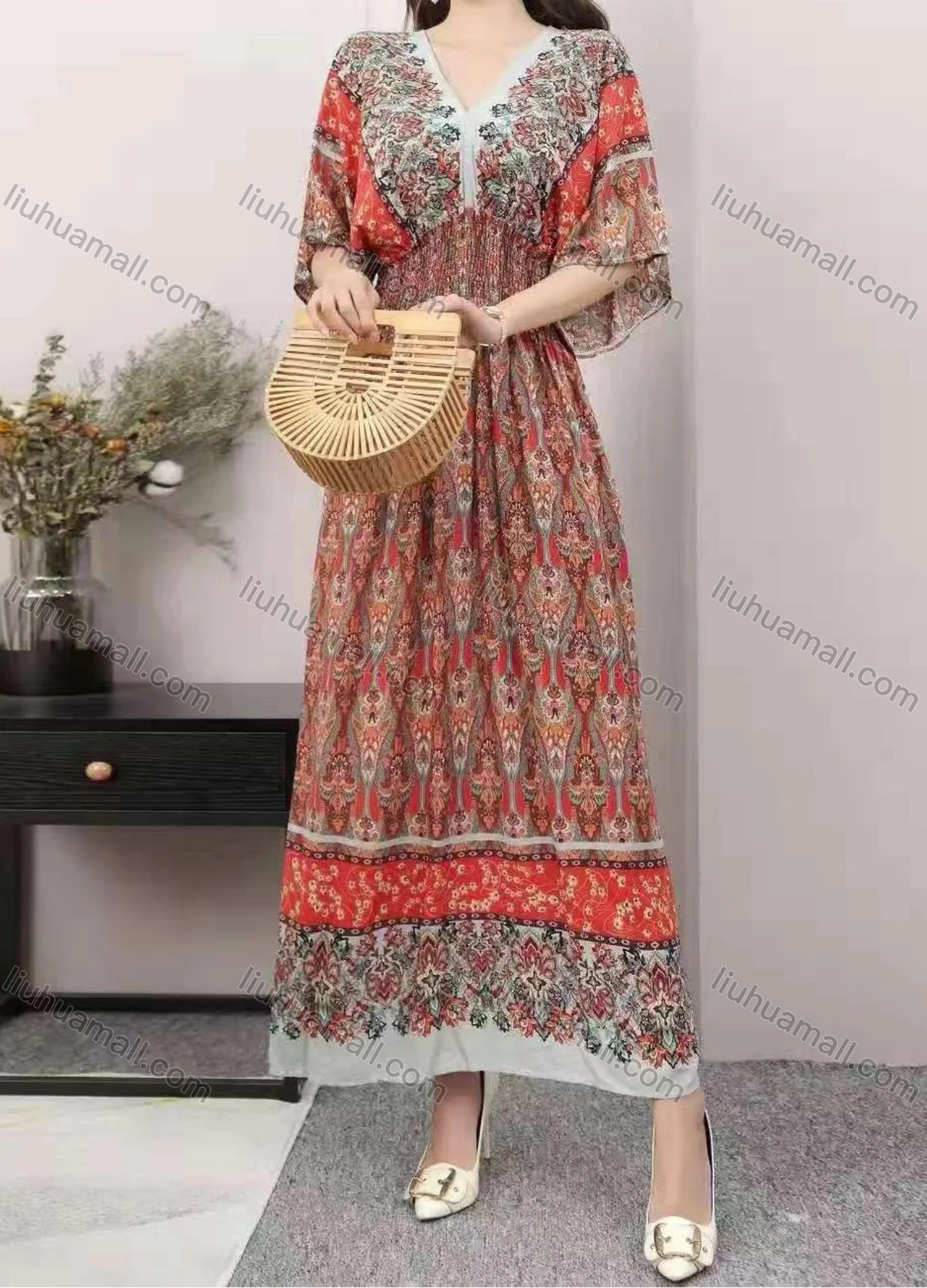 Wholesale Women's Boho V Neck Half Sleeve Folkloric Print Peplum Dress - Liuhuamall