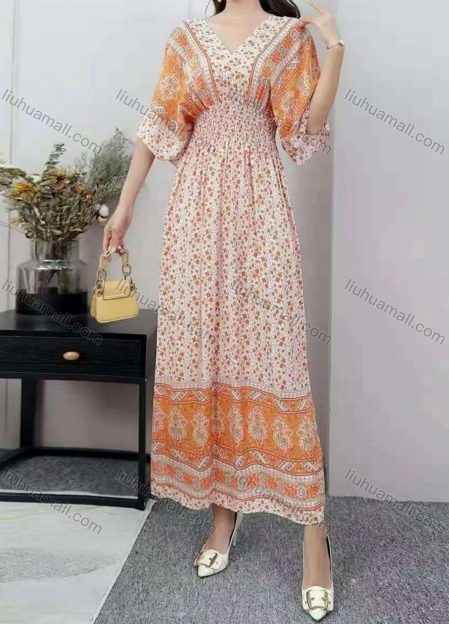 Wholesale Women's Boho V Neck Half Sleeve Folkloric Print Peplum Dress - Liuhuamall