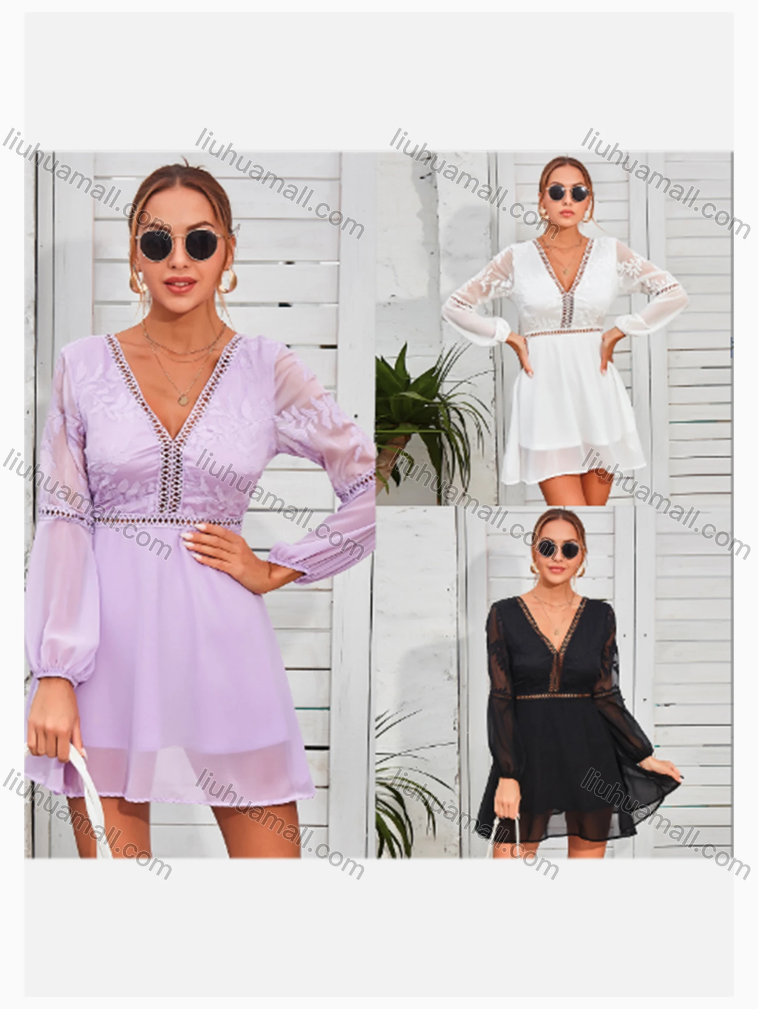 Wholesale Women's Causal V Neck Lantern Sleeve Tiered Mesh Plain Dress - Liuhuamall