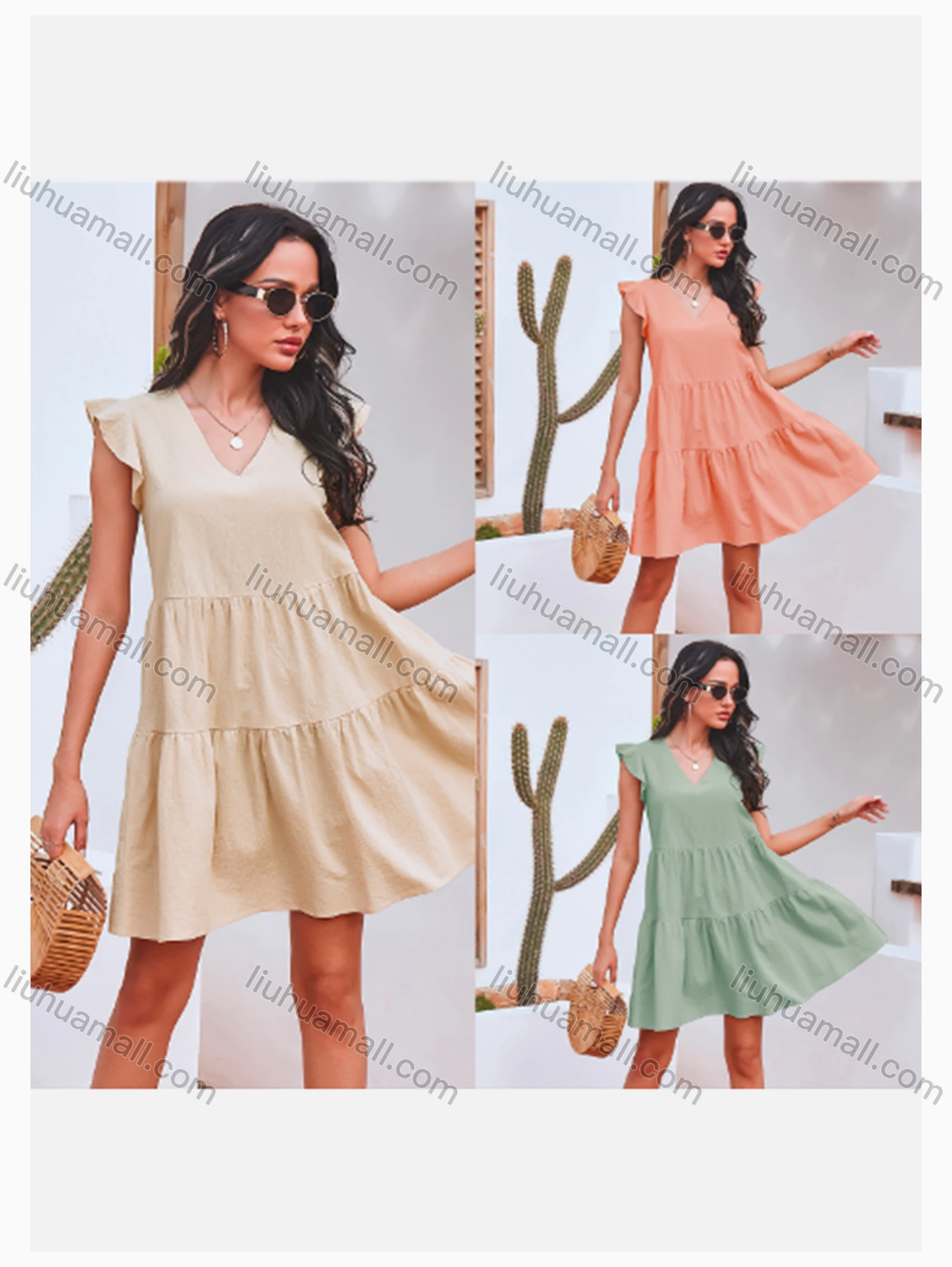 Wholesale Women's Causal V Neck Ruffle Sleeve Tiered Plain Dress - Liuhuamall