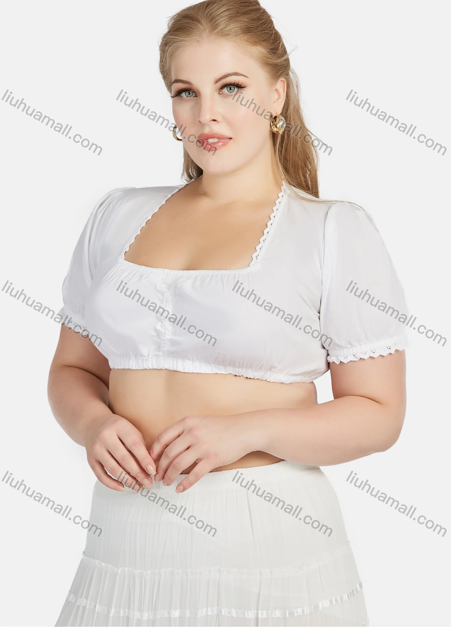 Wholesale Women's 100%Cotton Plain Square Neck Short Sleeve Cotton Crop Blouse - Liuhuamall