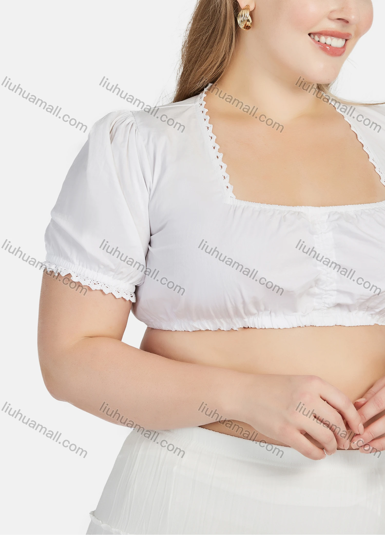 Wholesale Women's 100%Cotton Plain Square Neck Short Sleeve Cotton Crop Blouse - Liuhuamall