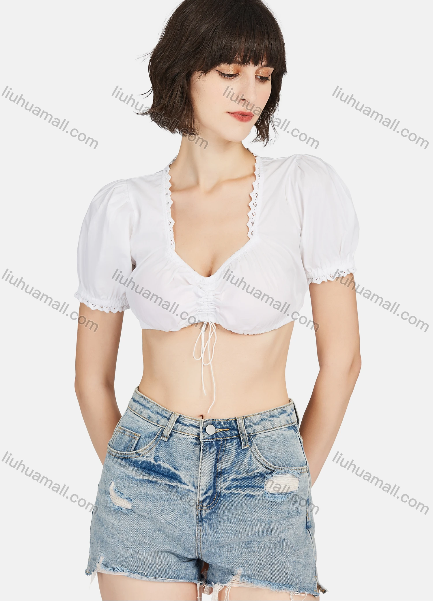 Wholesale Women's 100%Cotton Plain Square Neck Short Sleeve Cotton Crop Blouse - Liuhuamall