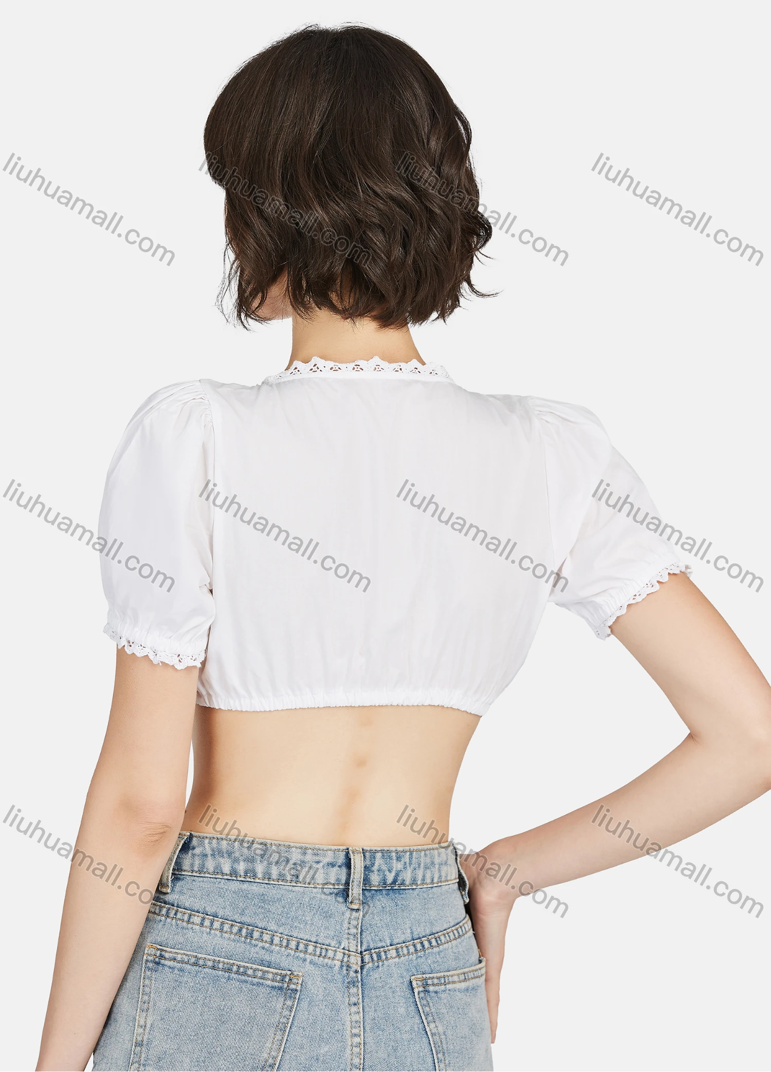 Wholesale Women's 100%Cotton Plain Square Neck Short Sleeve Cotton Crop Blouse - Liuhuamall