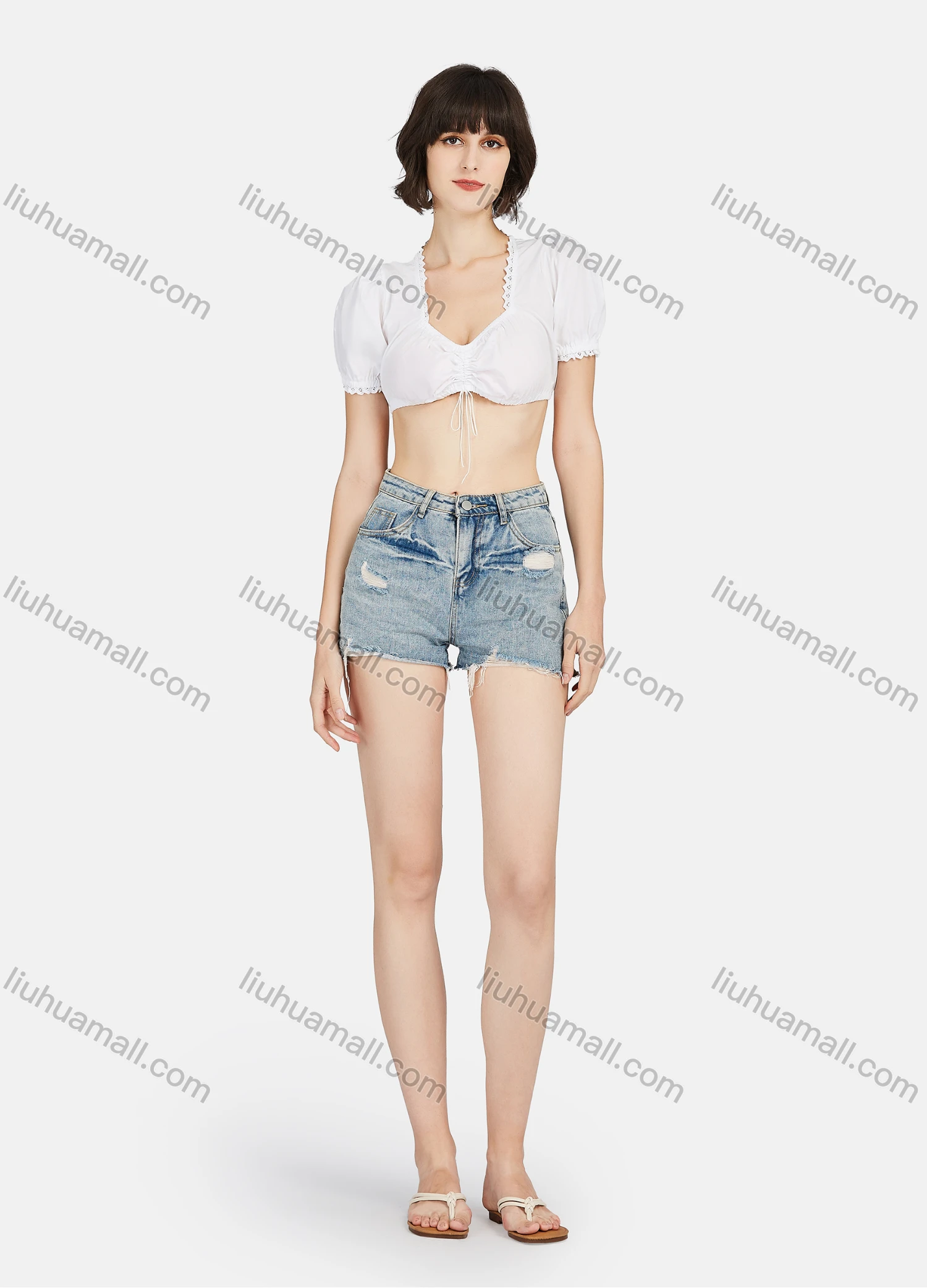 Wholesale Women's 100%Cotton Plain Square Neck Short Sleeve Cotton Crop Blouse - Liuhuamall