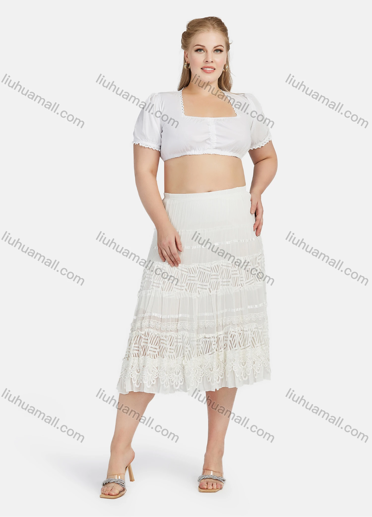 Wholesale Women's 100%Cotton Plain Square Neck Short Sleeve Cotton Crop Blouse - Liuhuamall