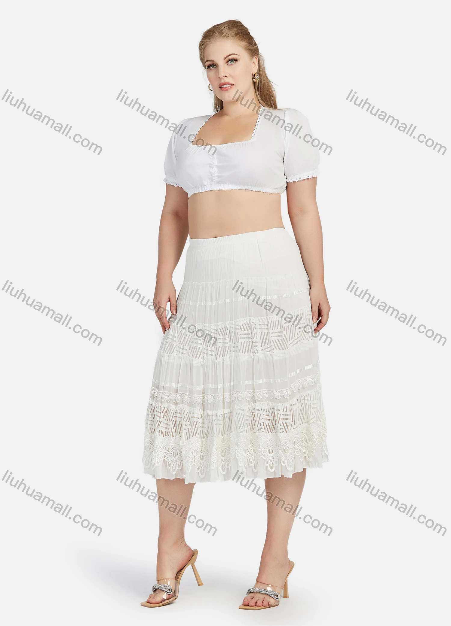 Wholesale Women's 100%Cotton Plain Square Neck Short Sleeve Cotton Crop Blouse - Liuhuamall