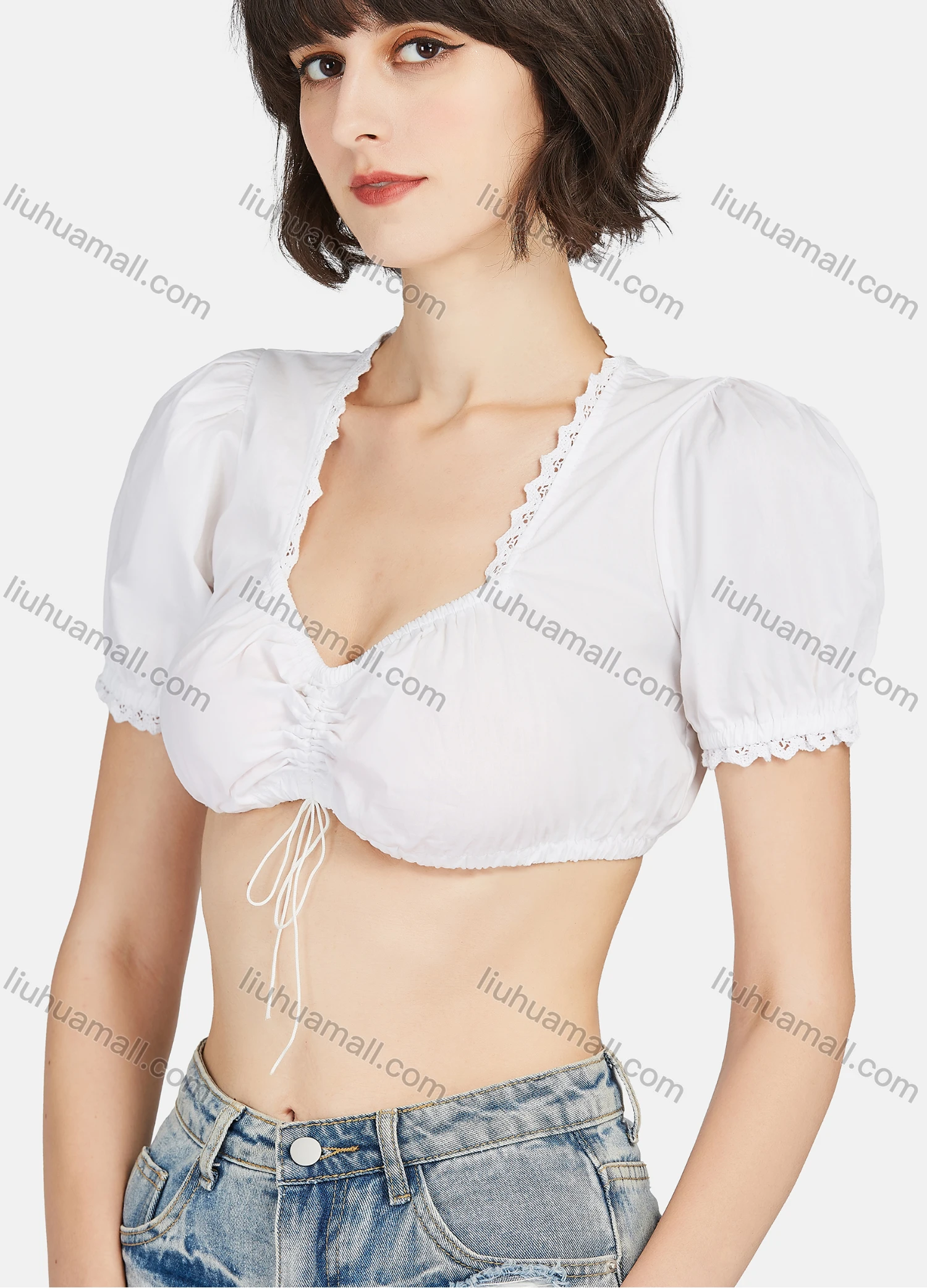 Wholesale Women's 100%Cotton Plain Square Neck Short Sleeve Cotton Crop Blouse - Liuhuamall