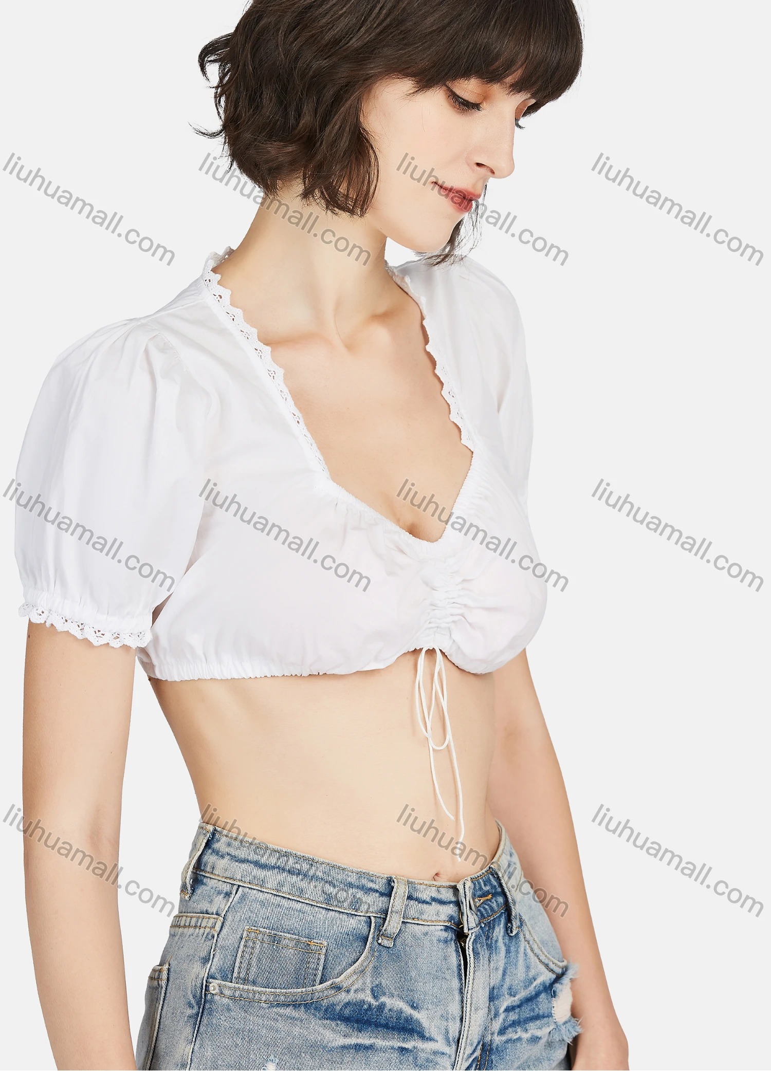 Wholesale Women's 100%Cotton Plain Square Neck Short Sleeve Cotton Crop Blouse - Liuhuamall