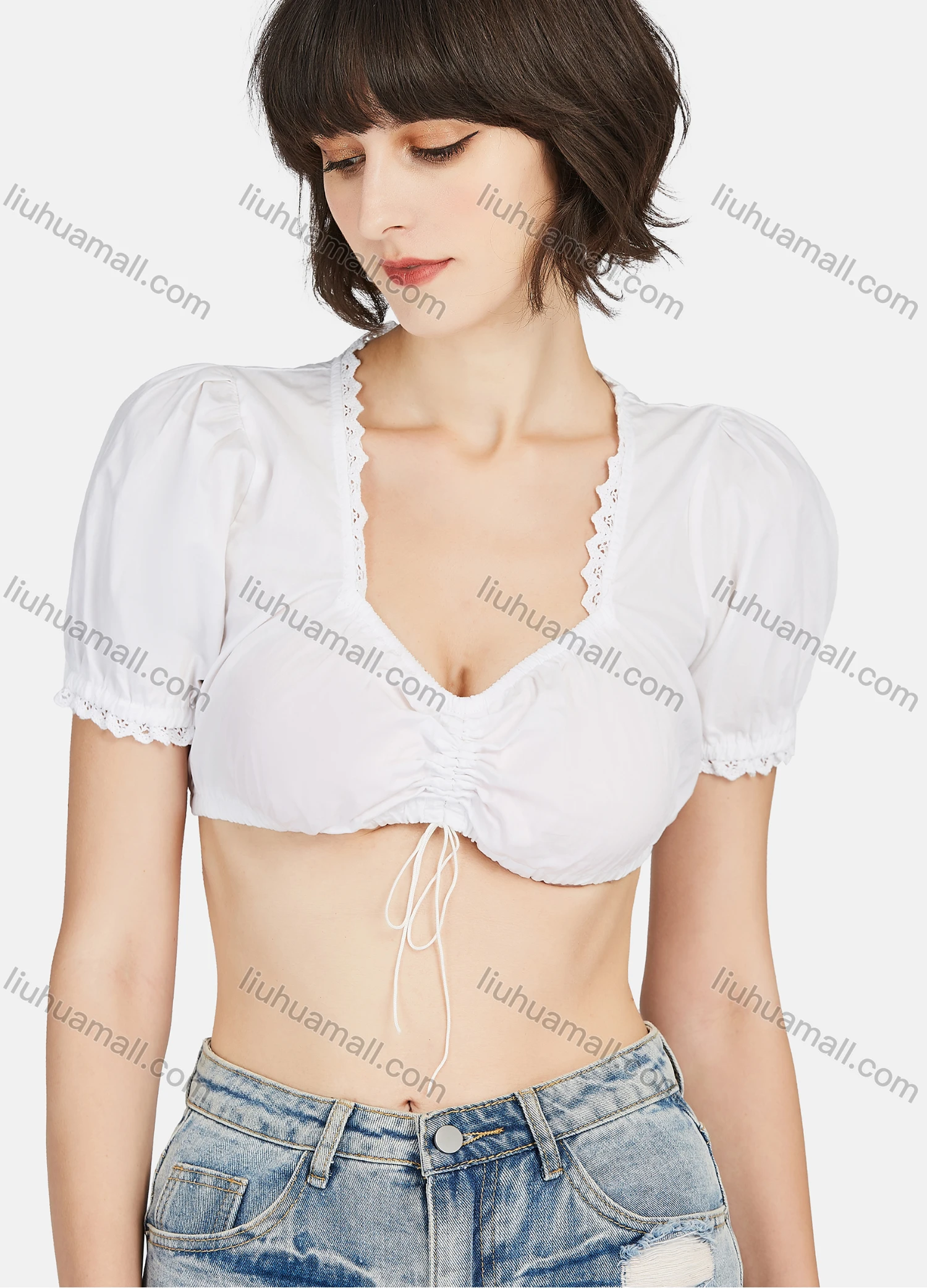 Wholesale Women's 100%Cotton Plain Square Neck Short Sleeve Cotton Crop Blouse - Liuhuamall