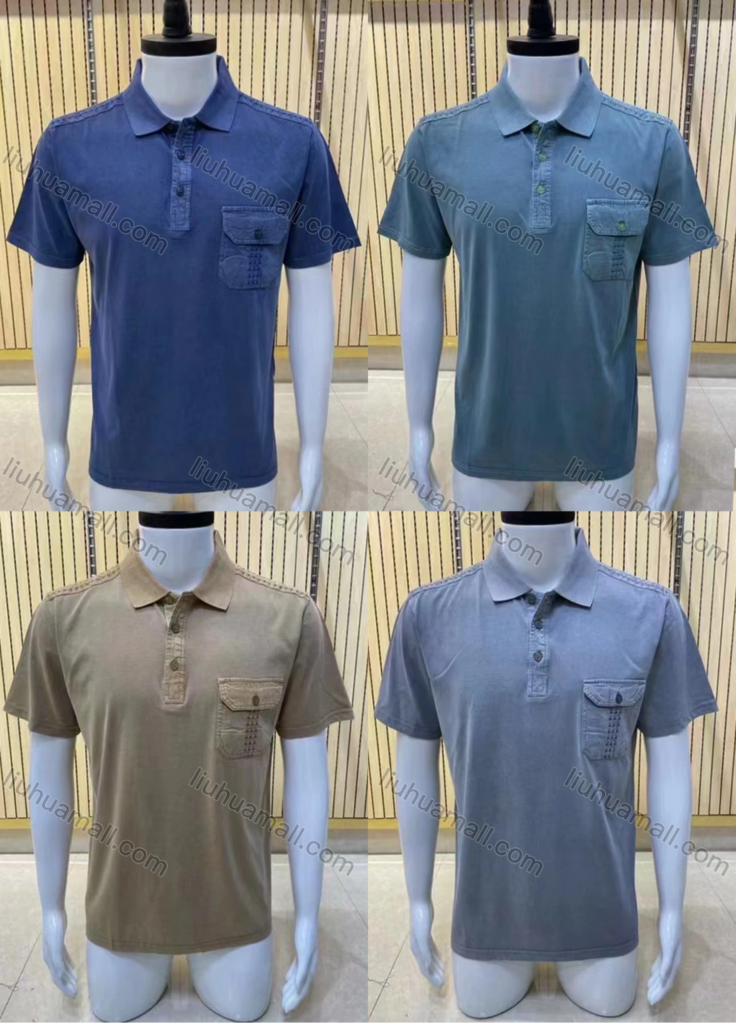 Wholesale Men's Casual Short Sleeve Sleeve Button Front Wash Distressed Polo Shirts - Liuhuamall