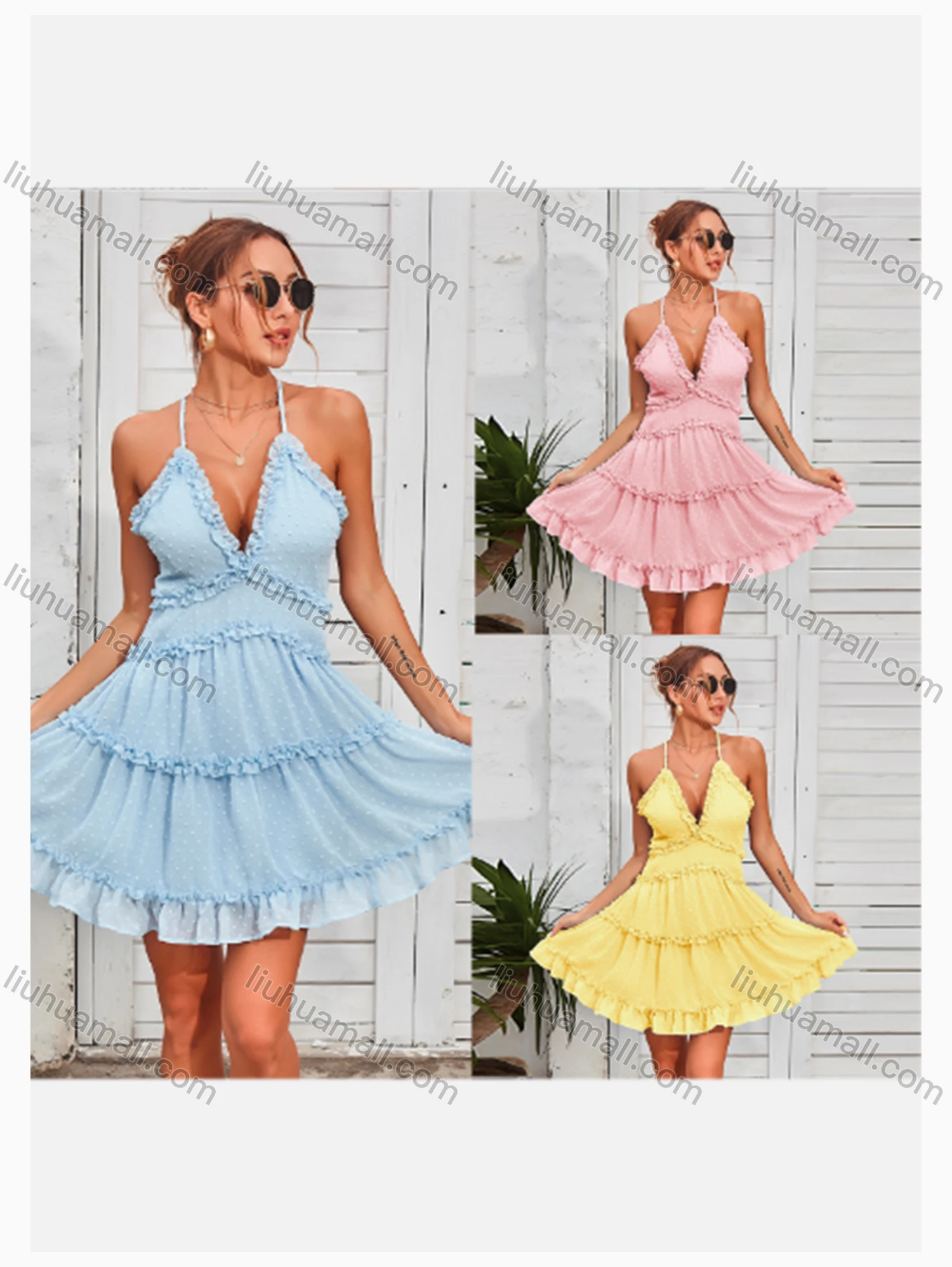 Wholesale Women's Fashion Deep V Neck Ruffle Hem Eyelet Embroidered Cami Dress - Liuhuamall