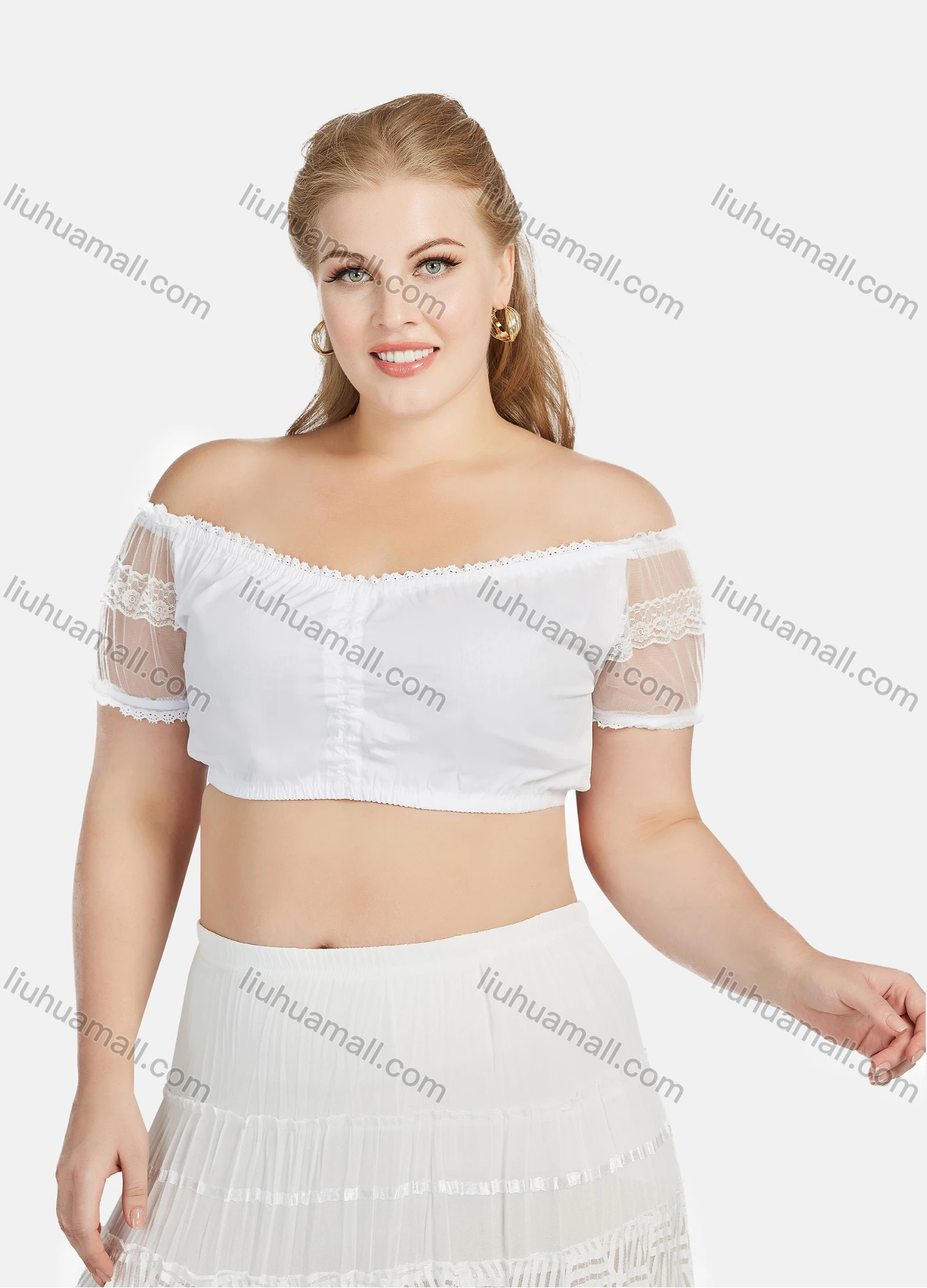 Wholesale Women's Sexy Plain Lace Trim Off Shoulder Short Sleeve Crop Blouse - Liuhuamall