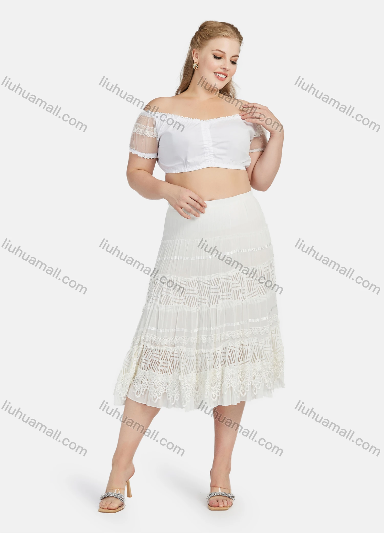 Wholesale Women's Sexy Plain Lace Trim Off Shoulder Short Sleeve Crop Blouse - Liuhuamall