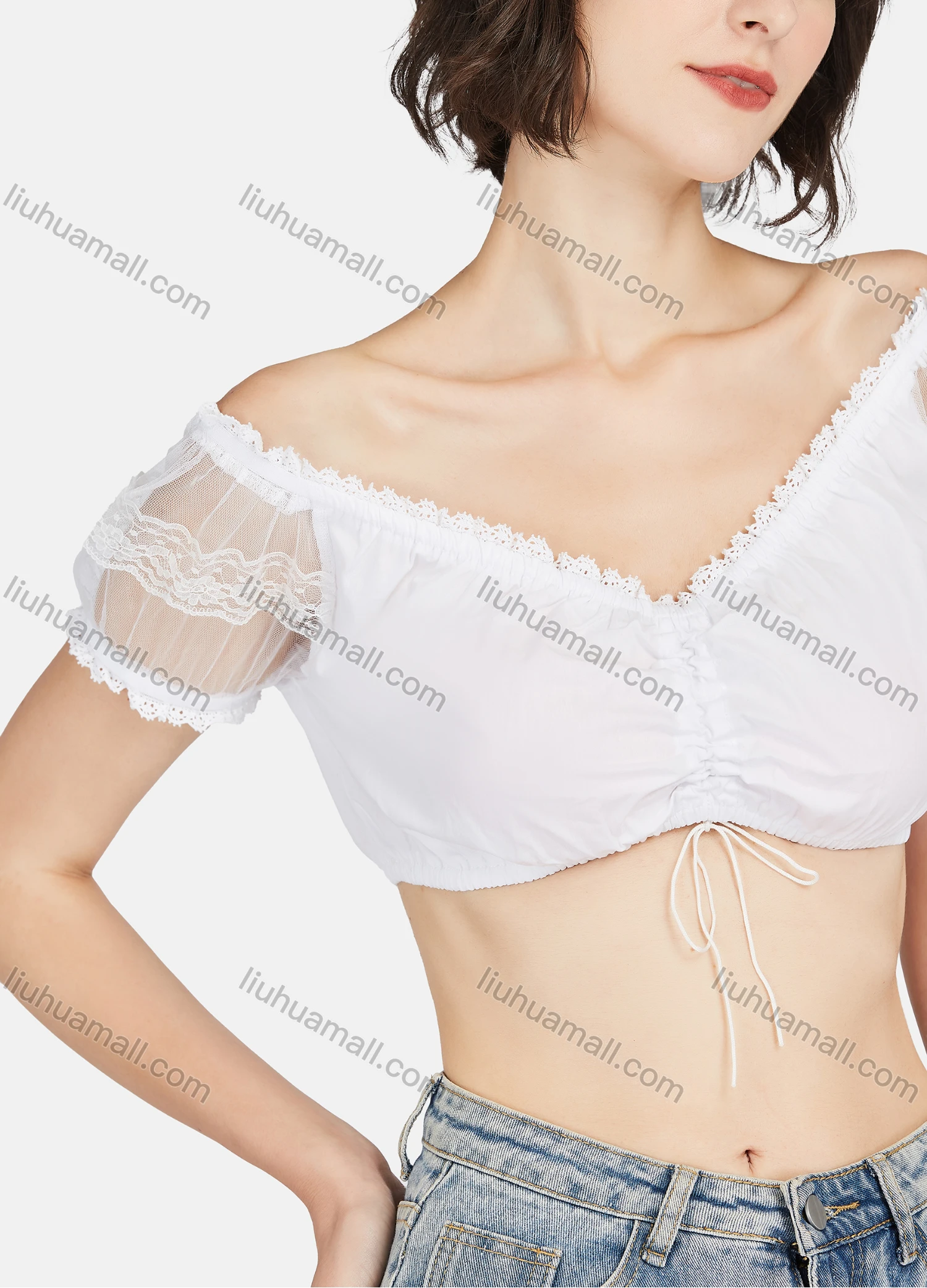 Wholesale Women's Sexy Plain Lace Trim Off Shoulder Short Sleeve Crop Blouse - Liuhuamall