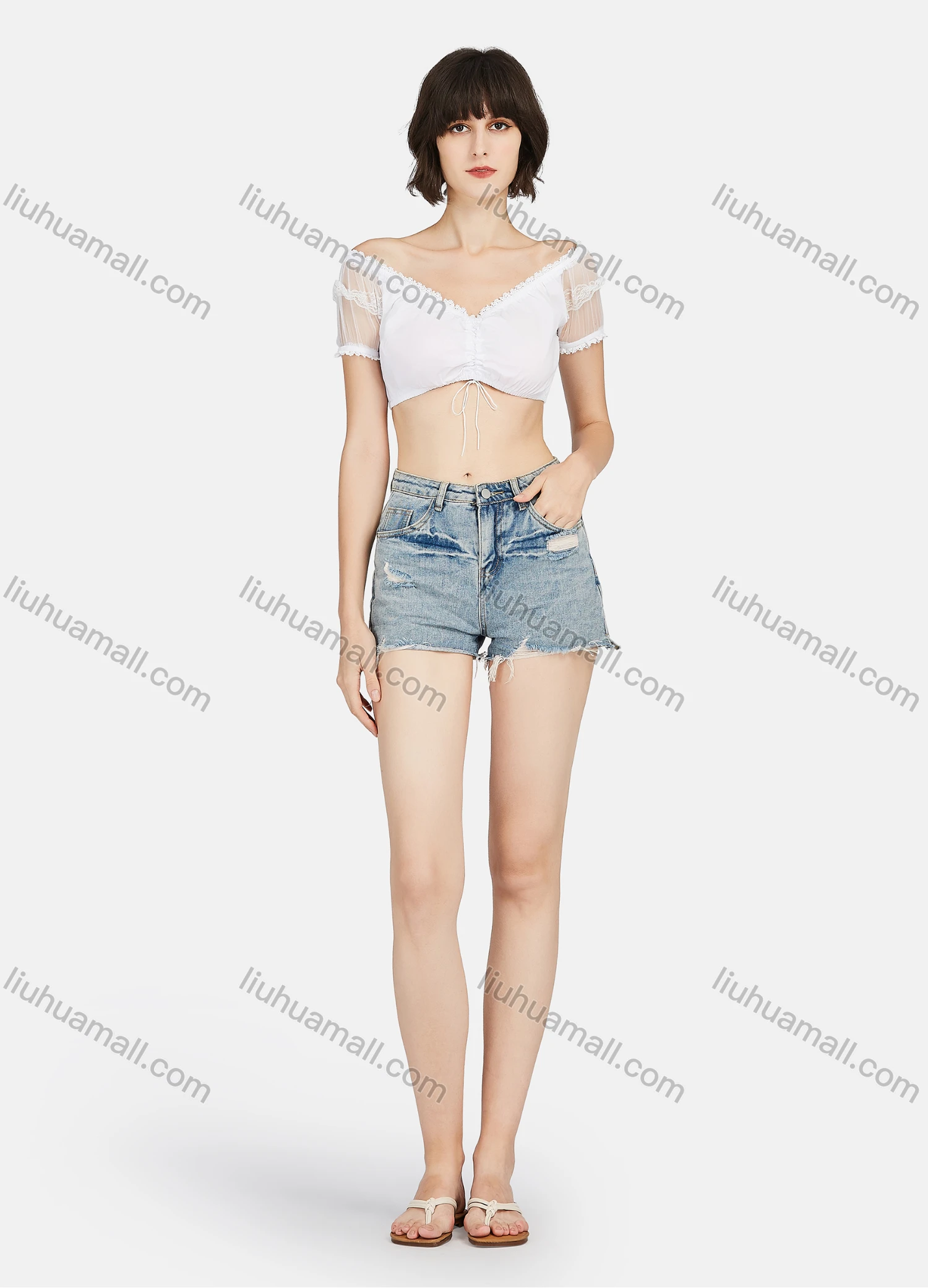 Wholesale Women's Sexy Plain Lace Trim Off Shoulder Short Sleeve Crop Blouse - Liuhuamall