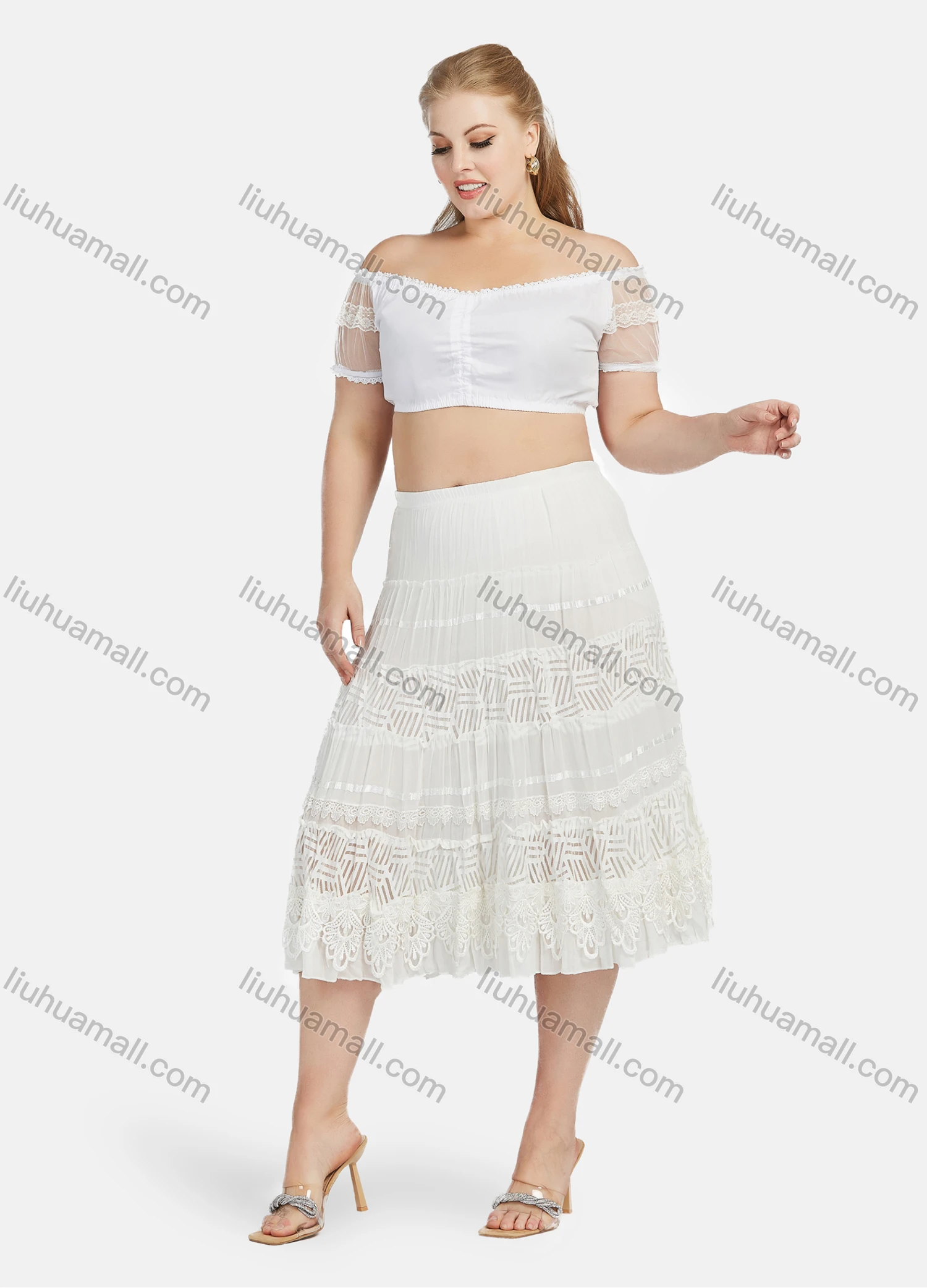 Wholesale Women's Sexy Plain Lace Trim Off Shoulder Short Sleeve Crop Blouse - Liuhuamall