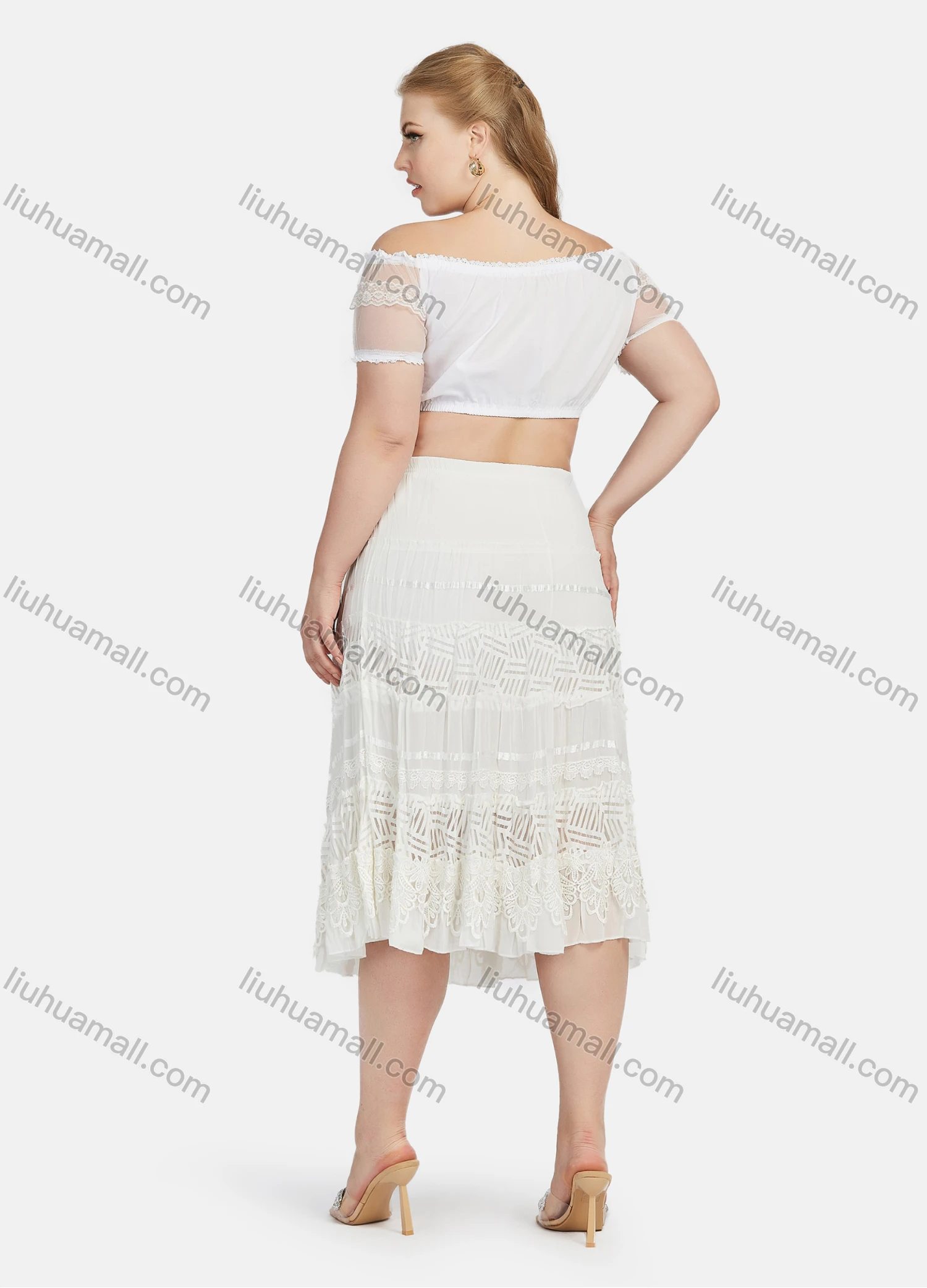 Wholesale Women's Sexy Plain Lace Trim Off Shoulder Short Sleeve Crop Blouse - Liuhuamall