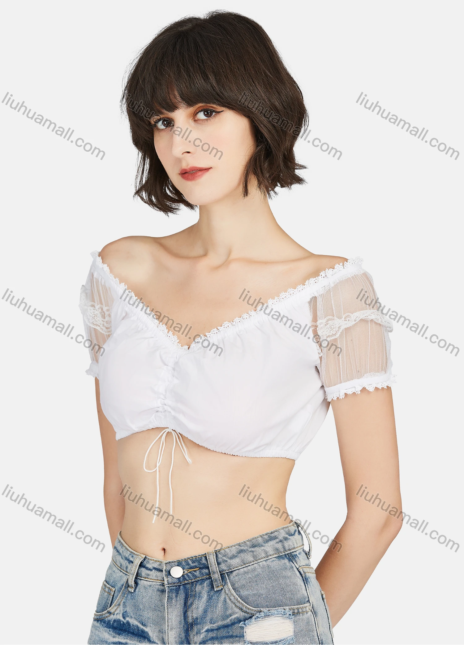 Wholesale Women's Sexy Plain Lace Trim Off Shoulder Short Sleeve Crop Blouse - Liuhuamall