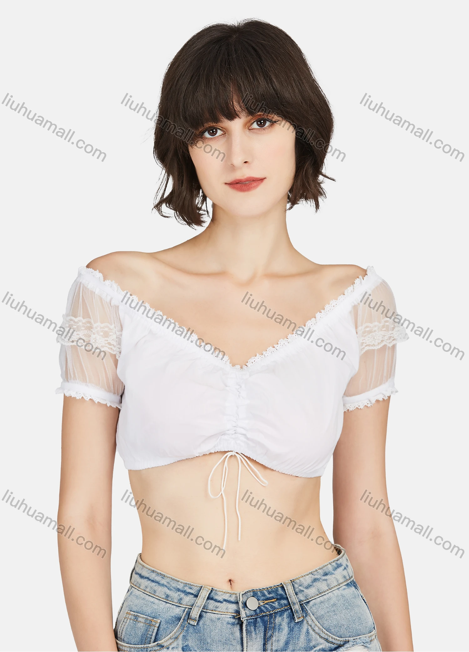 Wholesale Women's Sexy Plain Lace Trim Off Shoulder Short Sleeve Crop Blouse - Liuhuamall