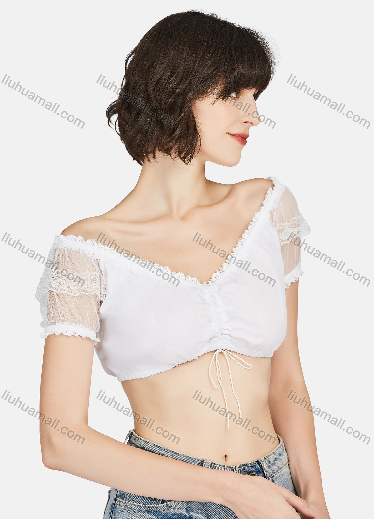 Wholesale Women's Sexy Plain Lace Trim Off Shoulder Short Sleeve Crop Blouse - Liuhuamall