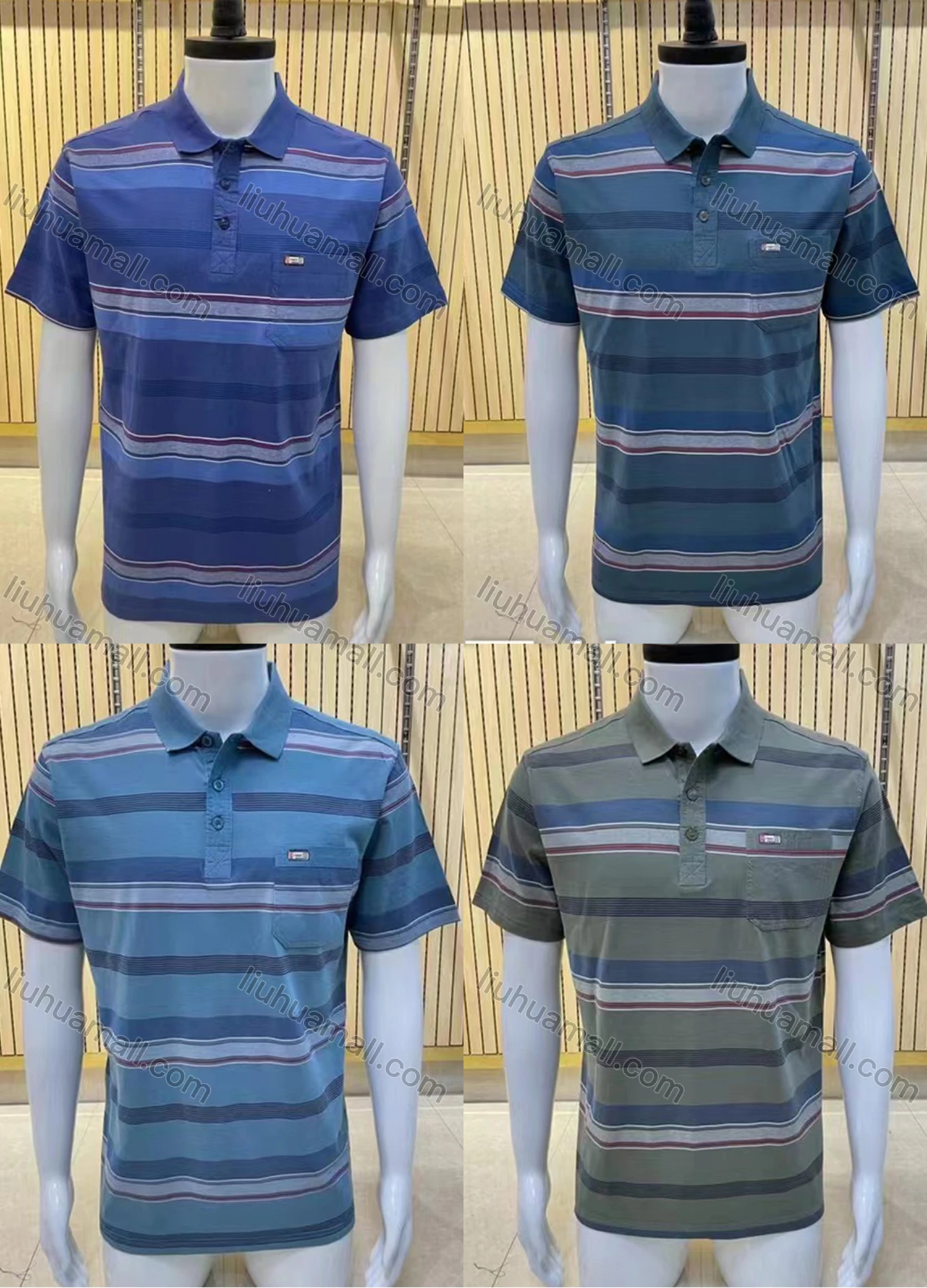 Wholesale Men's Casual Short Sleeve Sleeve Button Front Striped Polo Shirts - Liuhuamall